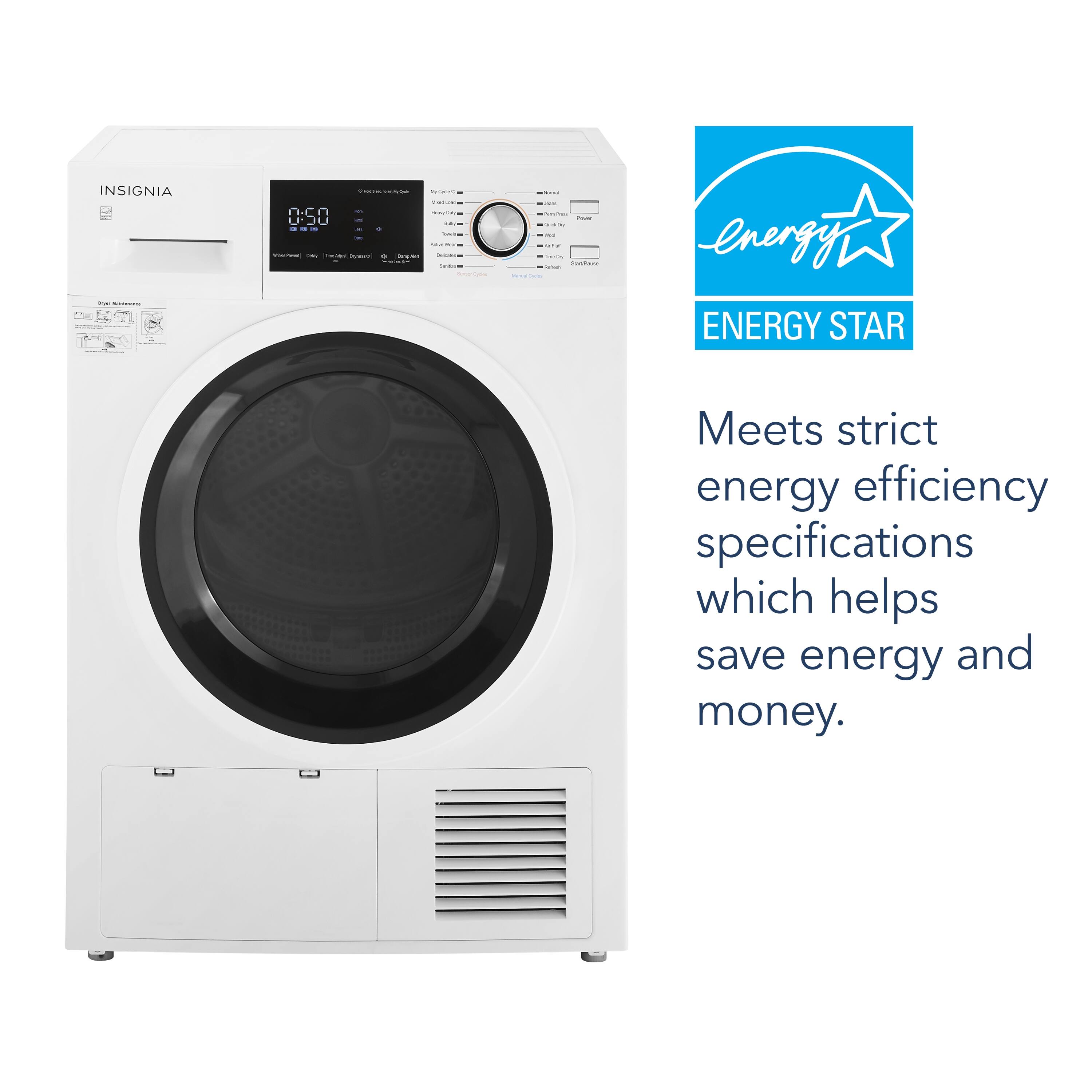 The text on the image reads: "Insignia 0:50 - - - - - Meets strict energy efficiency specifications which helps save energy and money."