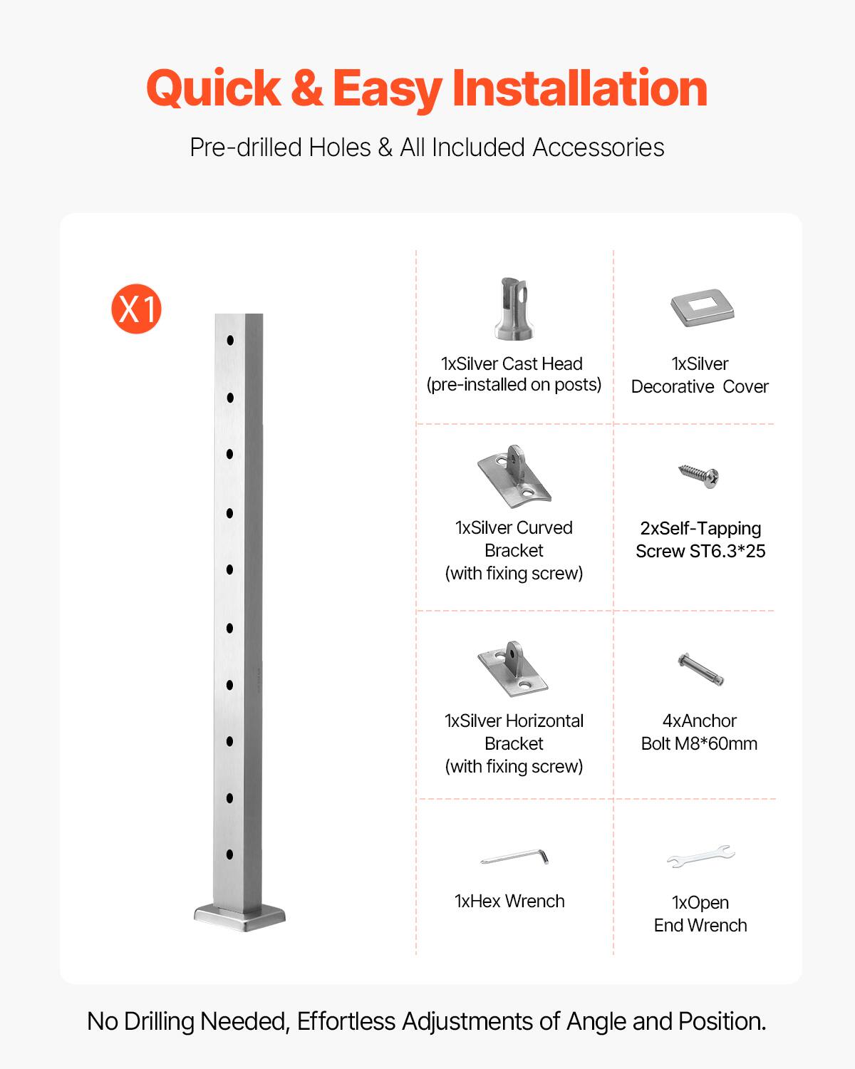 Quick & Easy Installation  
Pre-drilled Holes & All Included Accessories  

- 1x Silver Cast Head (pre-installed on posts)  
- 1x Silver Decorative Cover  
- 1x Silver Curved Bracket (with fixing screw)  
- 2x Self-Tapping Screw ST6.3*25  
- 1x Silver Horizontal Bracket (with fixing screw)  
- 4x Anchor Bolt M8*60mm  
- 1x Hex Wrench  
- 1x Open End Wrench  

No Drilling Needed, Effortless Adjustments of Angle and Position.