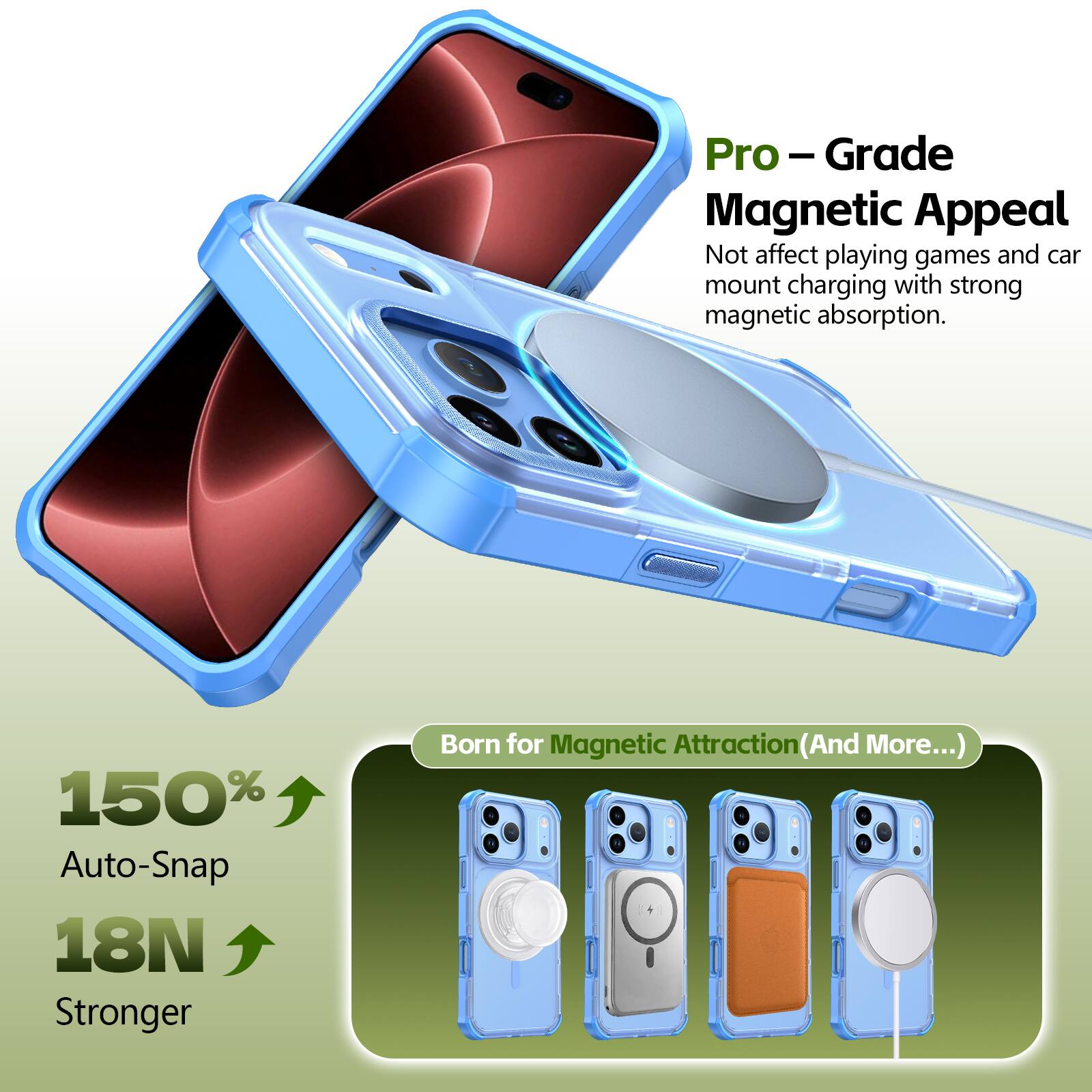 Pro-Grade Magnetic Appeal  
Not affect playing games and car mount charging with strong magnetic absorption.  

150% Auto-Snap  
18N Stronger  

Born for Magnetic Attraction (And More...)
