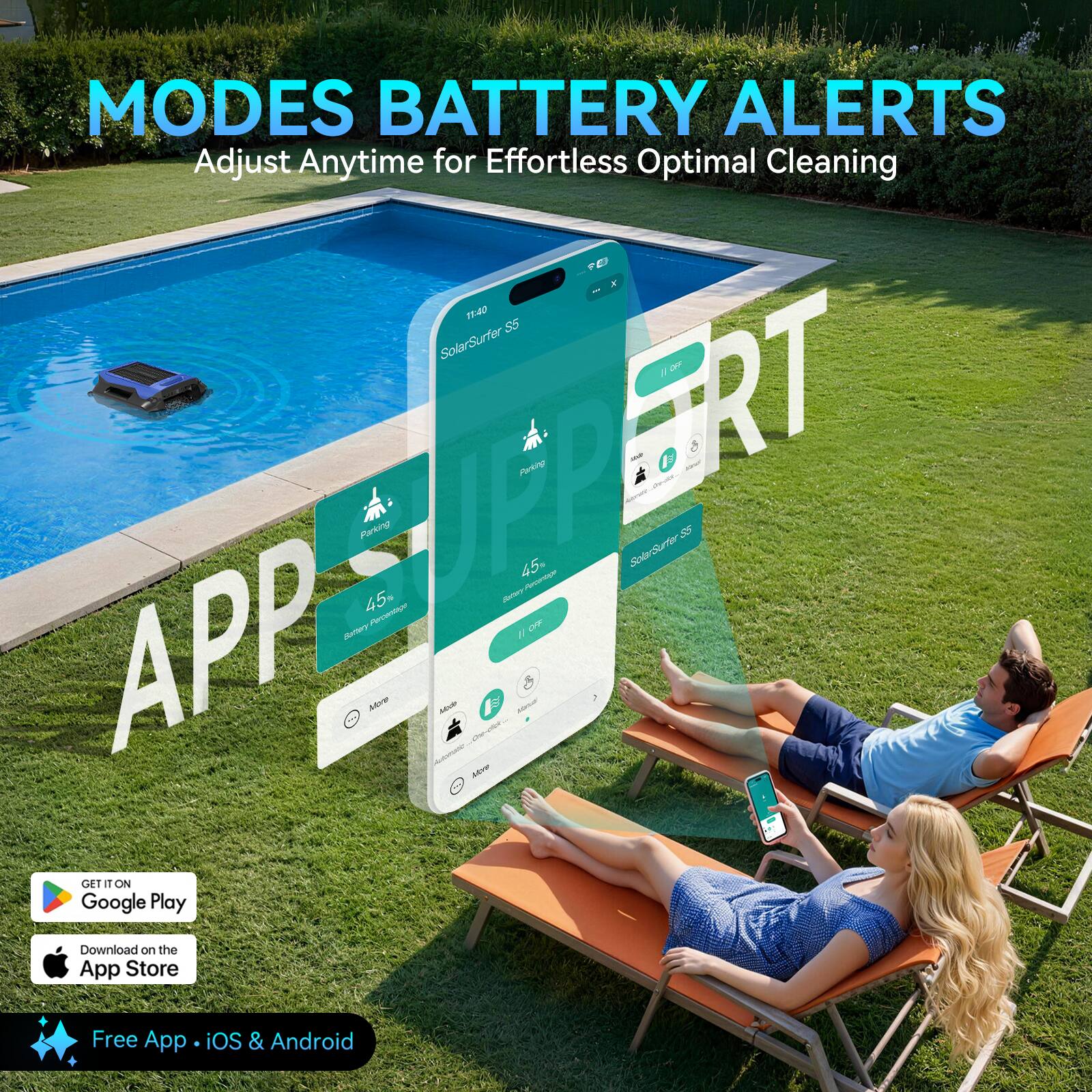 MODES BATTERY ALERTS  
Adjust Anytime for Effortless Optimal Cleaning  

18:40  
SolarSurfer S5  
45% Battery Remaining  

APP  
GET IT ON Google Play  
Download on the App Store  
Free App • iOS & Android