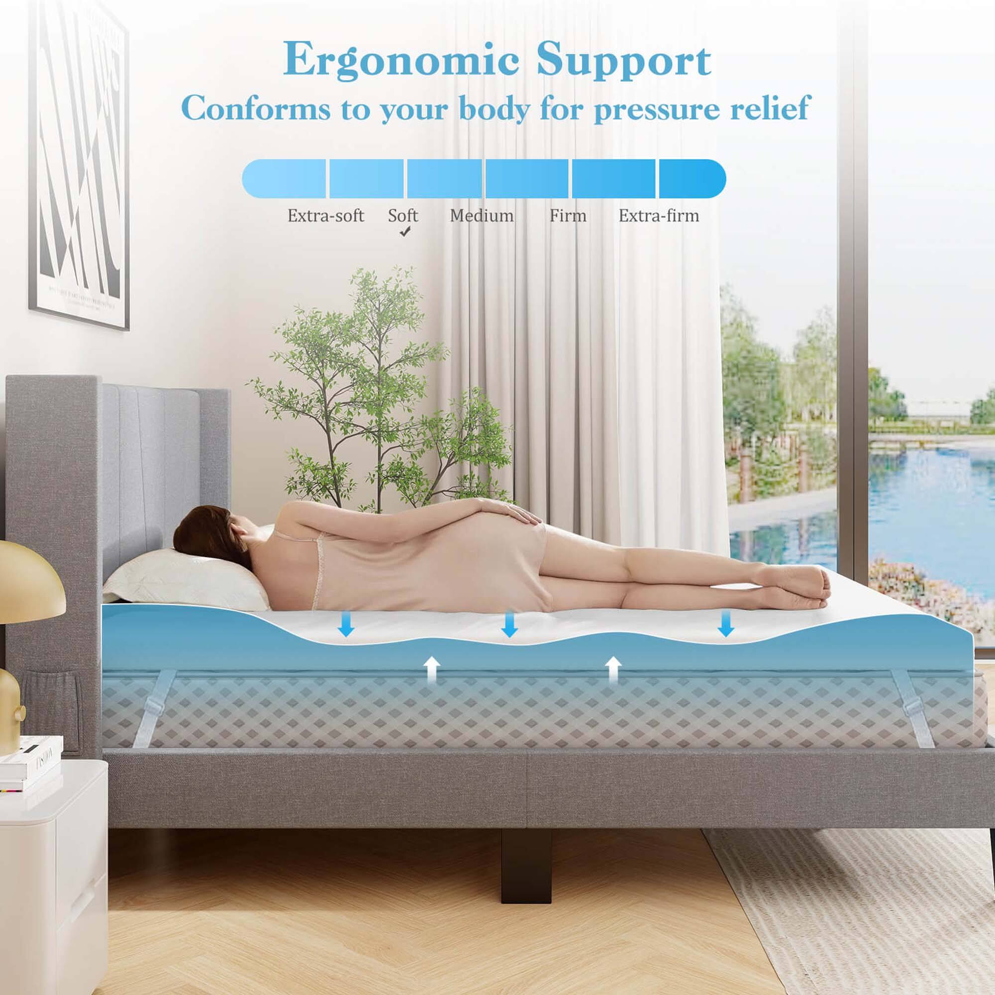 Ergonomic Support  
Conforms to your body for pressure relief  

Extra-soft  
Soft  
Medium  
Firm  
Extra-firm