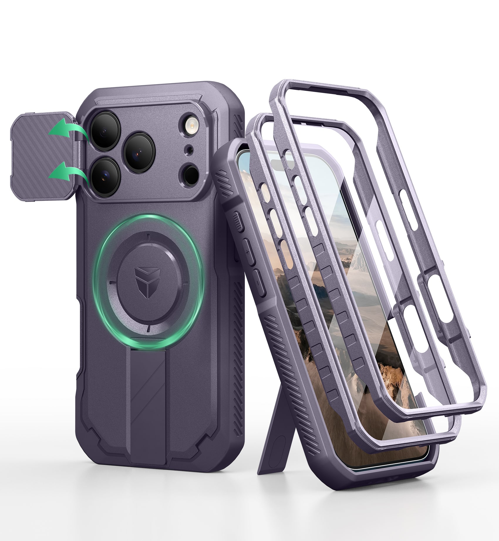 dexnor - iPhone 17 Pro Case: 2 Front Frames, Flip Cam Cover, Kickstand, Mag,Screen Protector, 6.3in - Phantom Purple