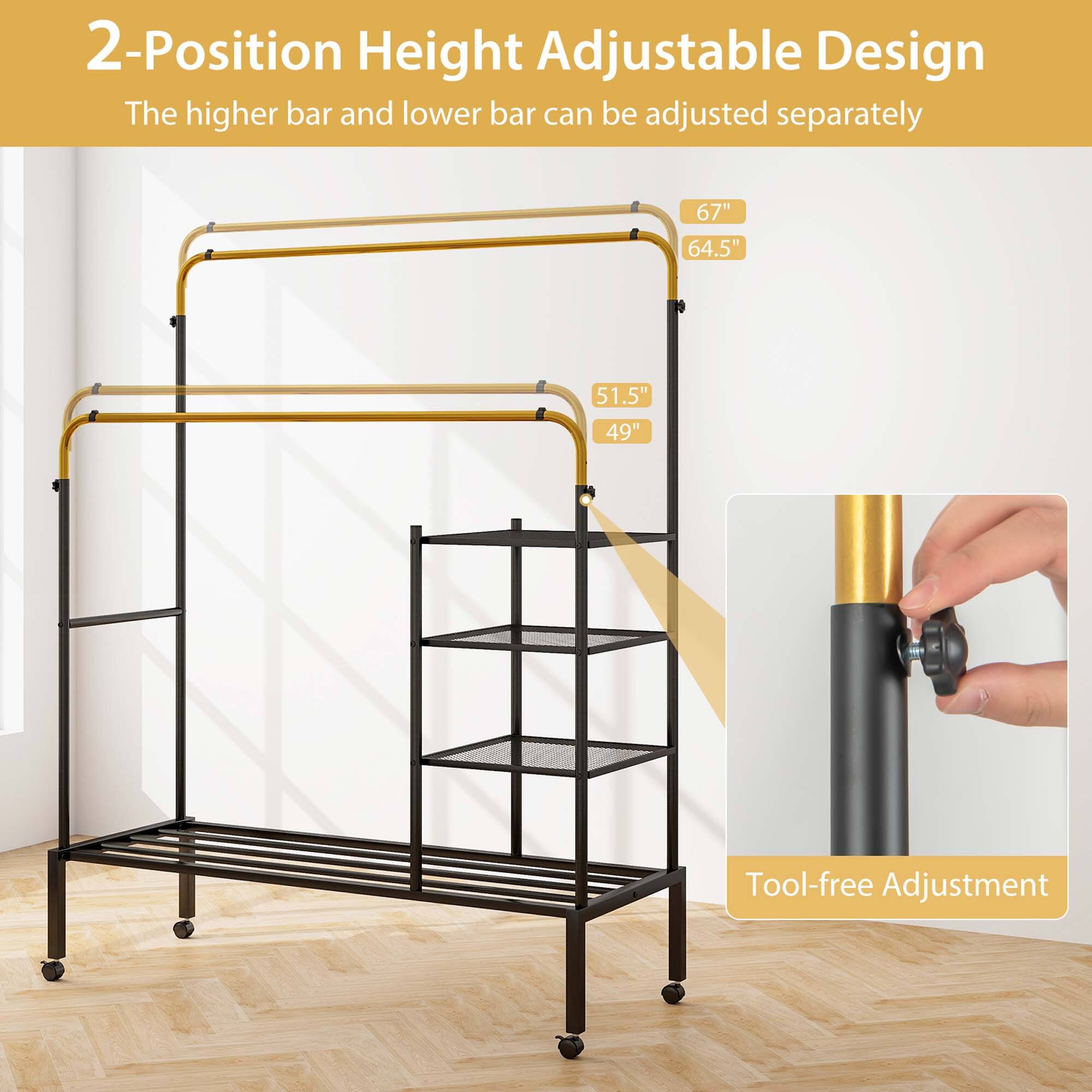 2-Position Height Adjustable Design
The higher bar and lower bar can be adjusted separately
67"
64.5"
51.5"
49"
Tool-free Adjustment