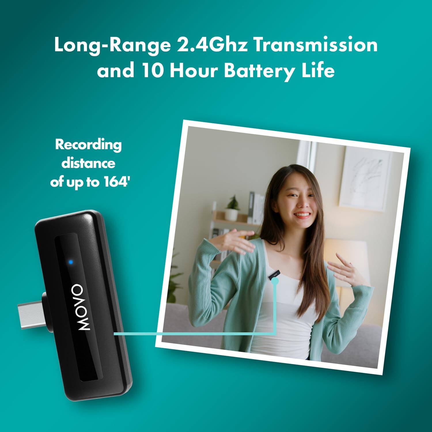 Long-Range 2.4Ghz Transmission and 10 Hour Battery Life

Recording distance of up to 164'