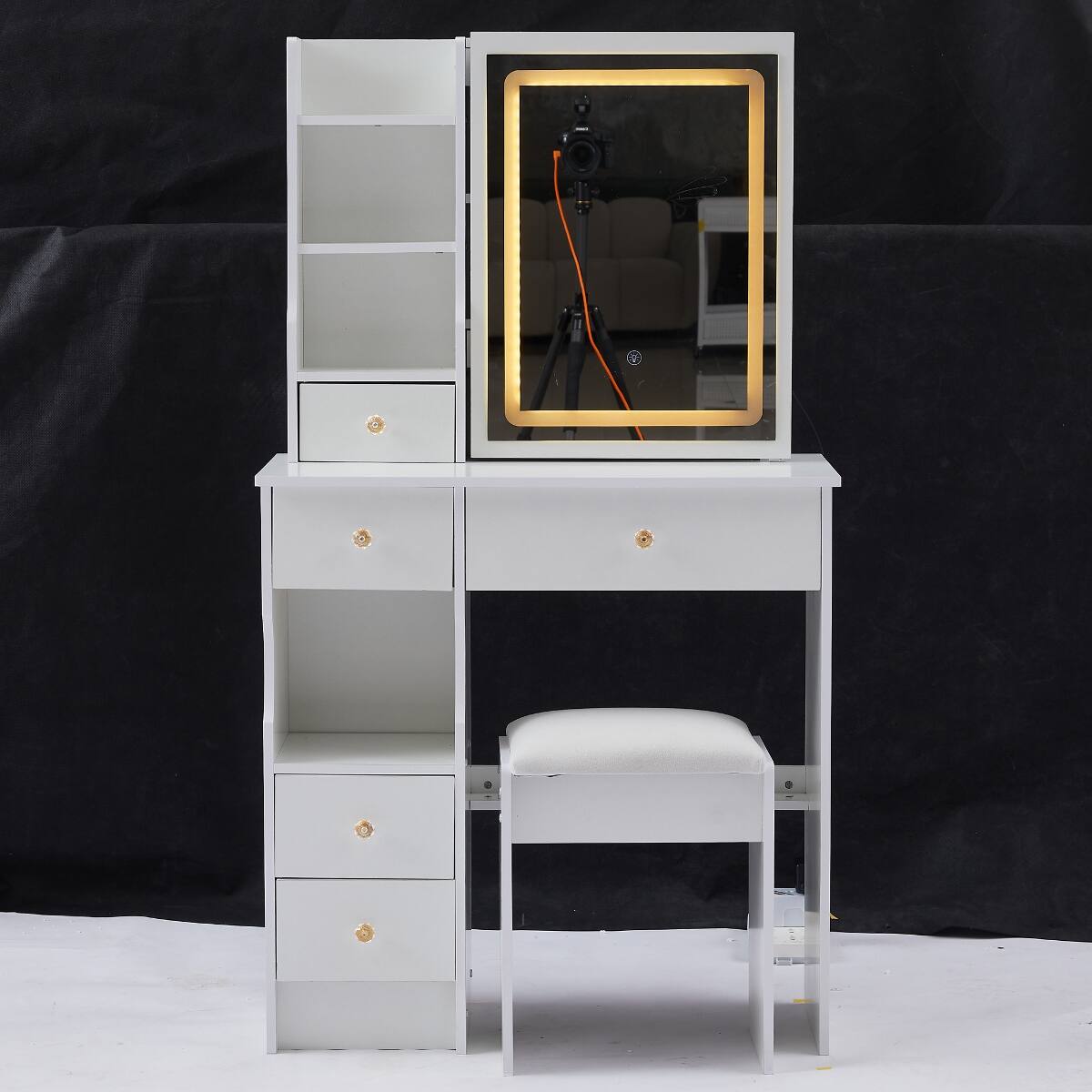 Alt View 2. Loheer - Loheer Small Space Vanity Table with Padded Stool, White Lighted Mirror - White.