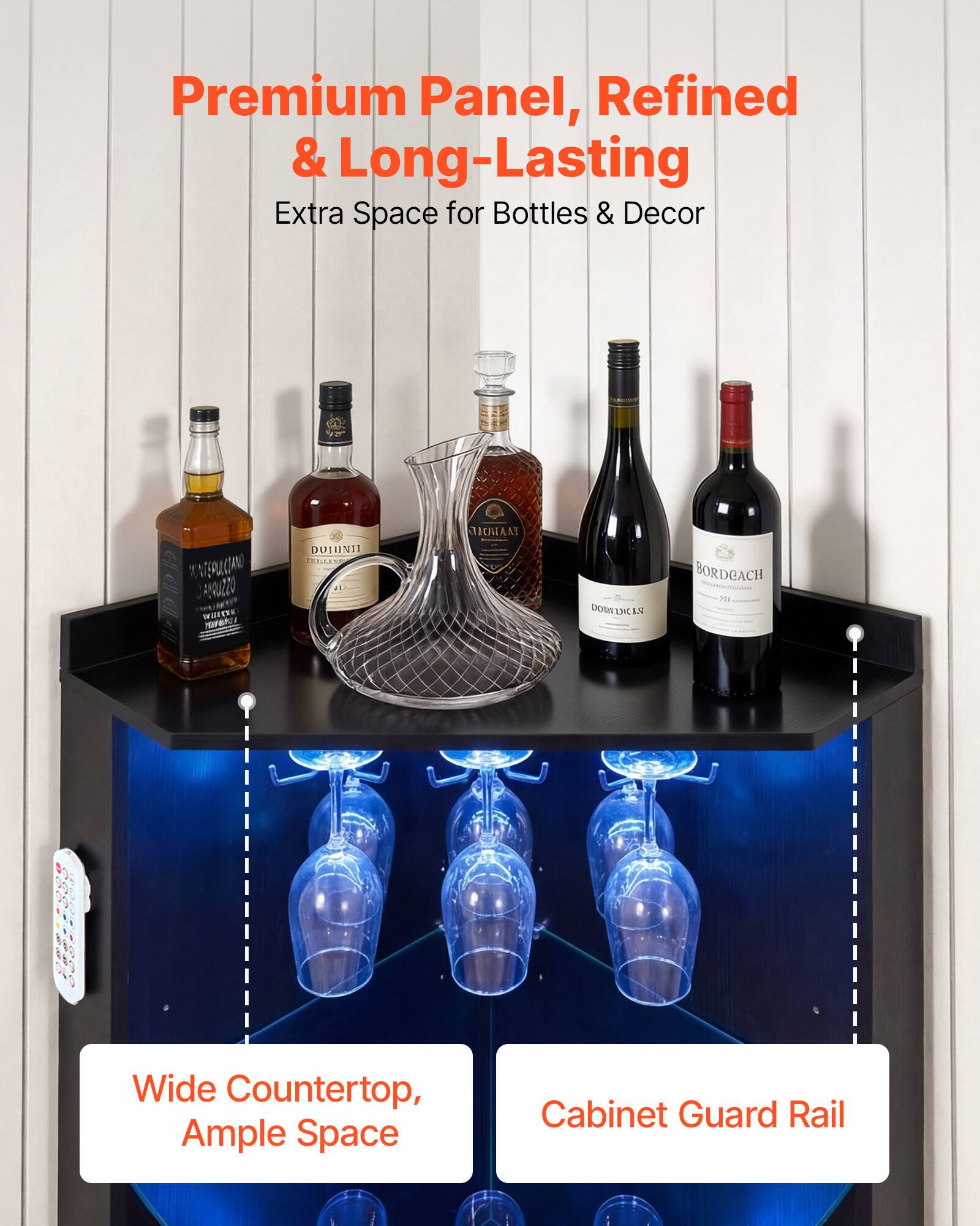 Premium Panel, Refined & Long-Lasting  
Extra Space for Bottles & Decor  

Wide Countertop, Ample Space  
Cabinet Guard Rail