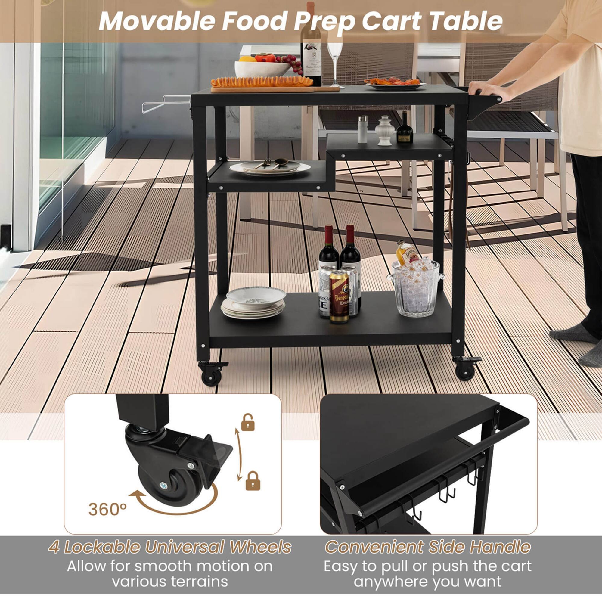 Movable Food Prep Cart Table

4 Lockable Universal Wheels
Allow for smooth motion on various terrains

Convenient Side Handle
Easy to pull or push the cart anywhere you want