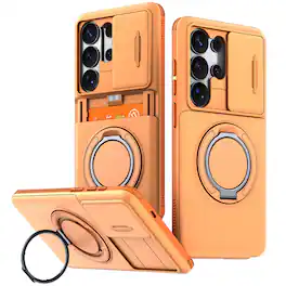 UUCOVER - Rugged Protective Case for Samsung Galaxy S26 Ultra with Sliding Camera Lens Cover, Card Holder, Magnetic Ring Kickstand - Orange