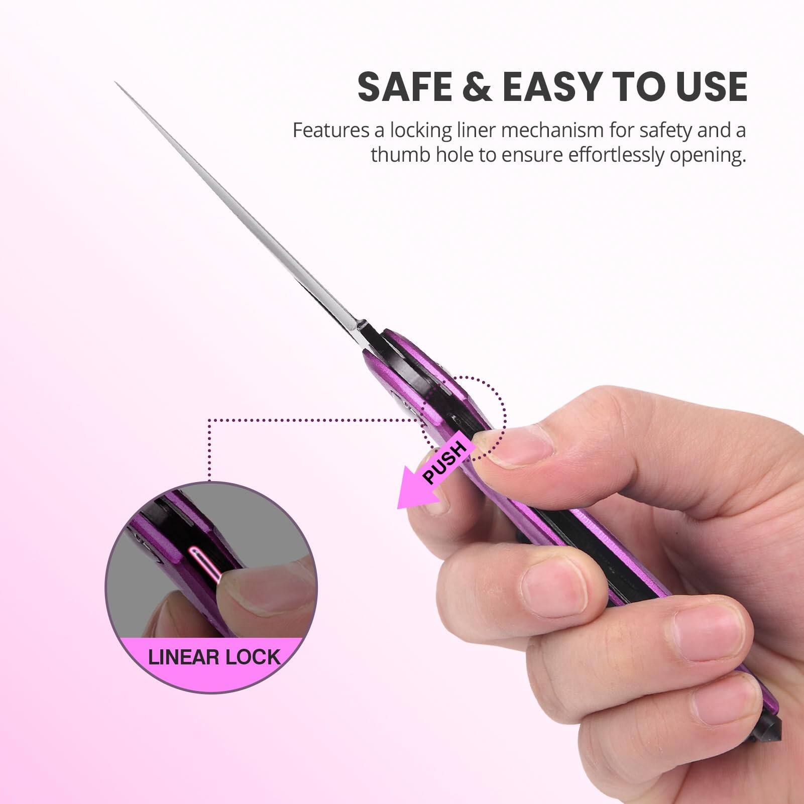 SAFE & EASY TO USE  
Features a locking liner mechanism for safety and a thumb hole to ensure effortlessly opening.  

PUSH  
LINEAR LOCK