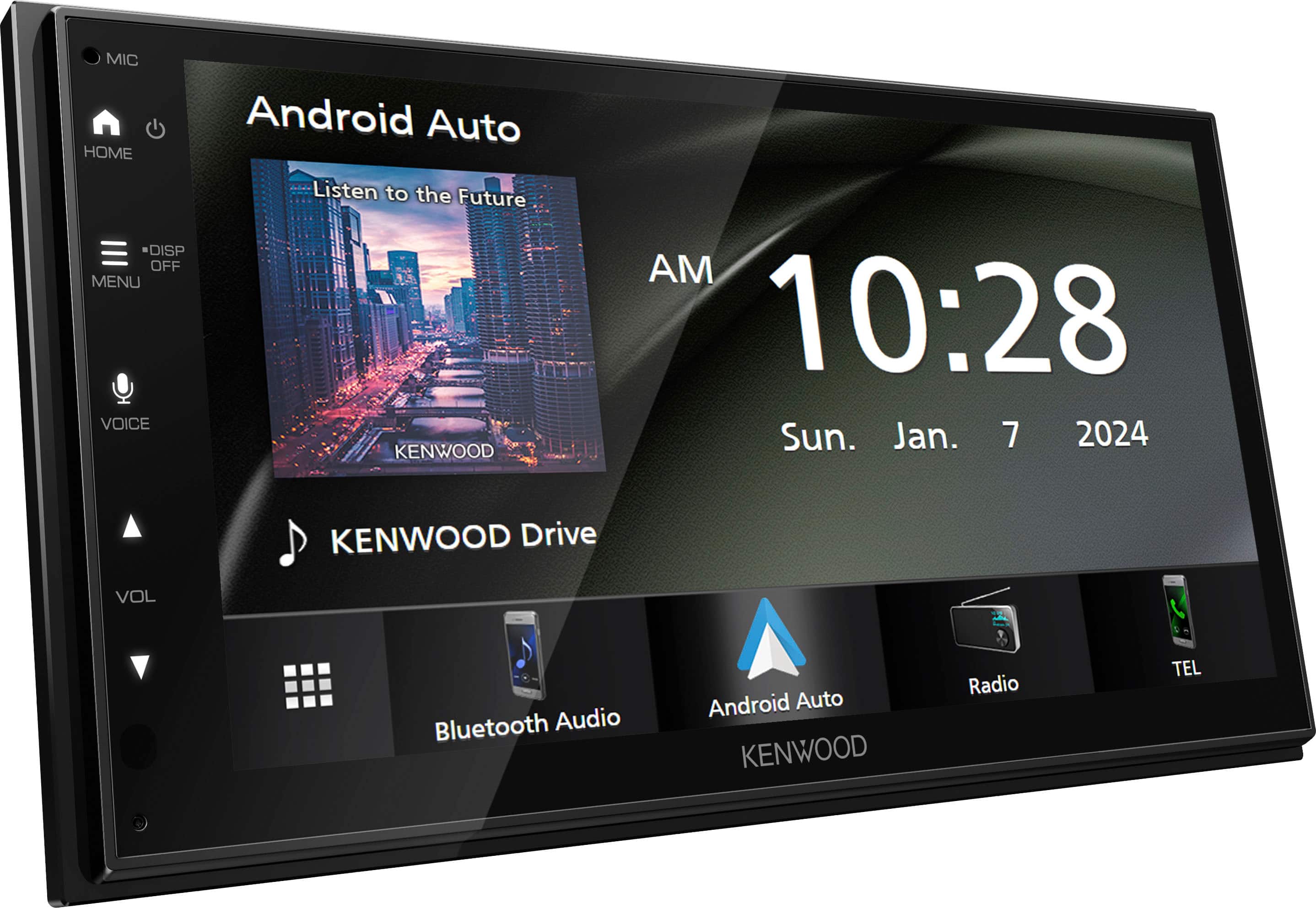 MIC Android Auto HOME Listen to the Future -DISP OFF MENU VOICE KENWOOD AM 10:28 Sun. Jan. 7 2024 KENWOOD Drive VOL Bluetooth Audio Android Auto KENWOOD Radio TEL