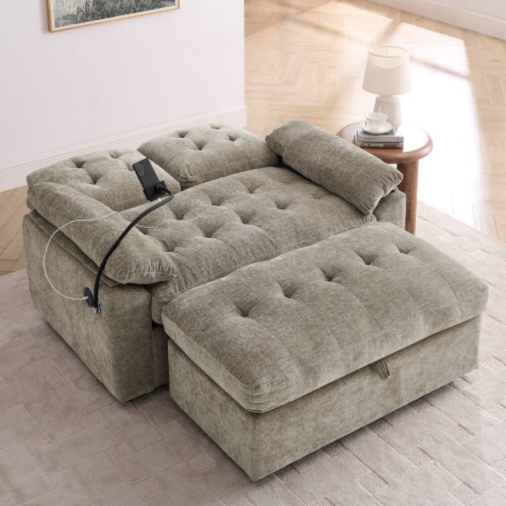 Back. LUCKY ONE - Double Sofa Recliner w/ Manual Adjustable Backrest USB Port Phone Stand Storage Ottoman - Brown.