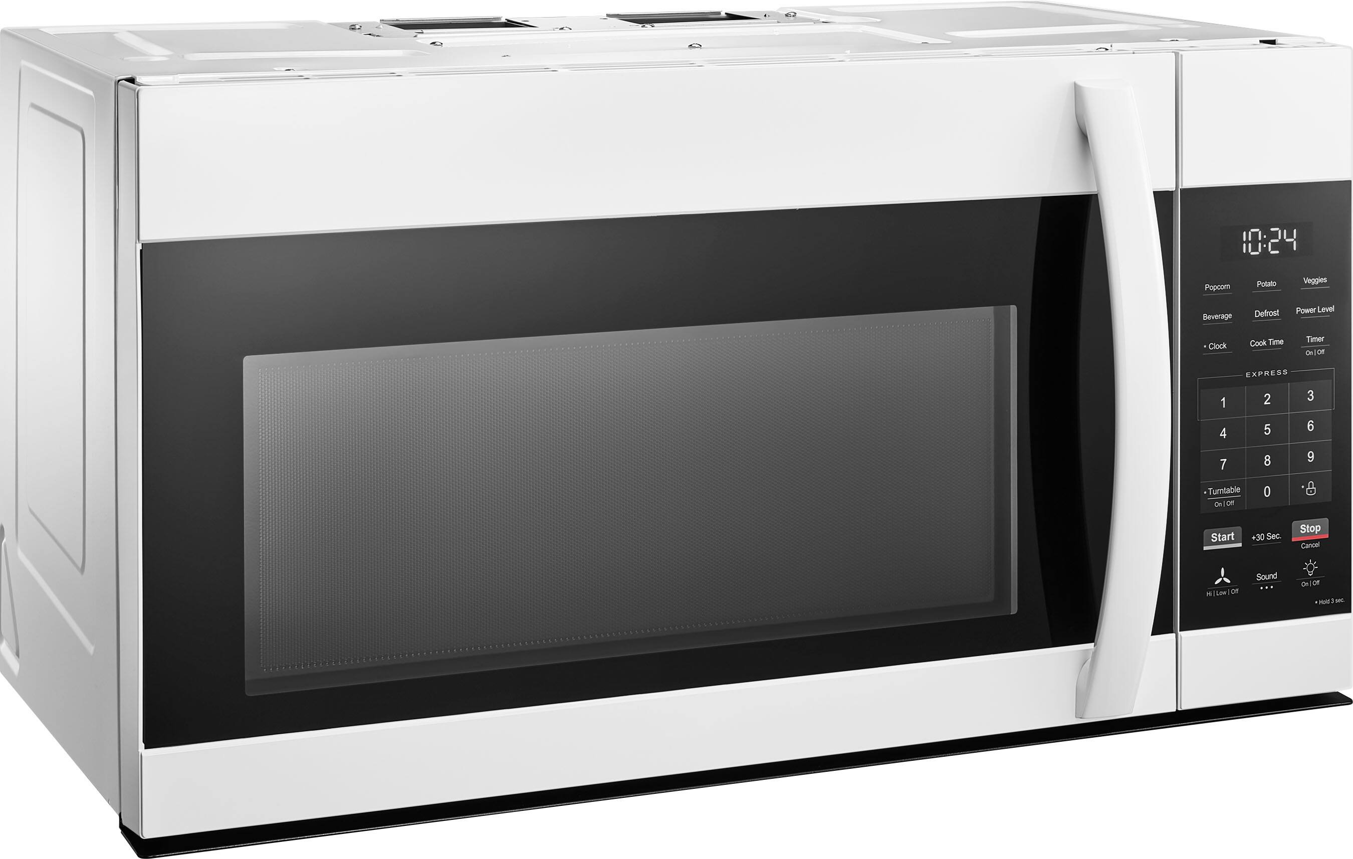 10:24  
Popcorn Potato Veggies  
Beverage Defrost Power Level  
Clock Cook Time Timer  
EXPRESS  
1 2 3  
4 5 6  
7 8 9  
0  
Turntable On/Off  
Start +30 Sec Stop Cancel  
Sound On/Off  
Hi Low Off  
+4 Sec