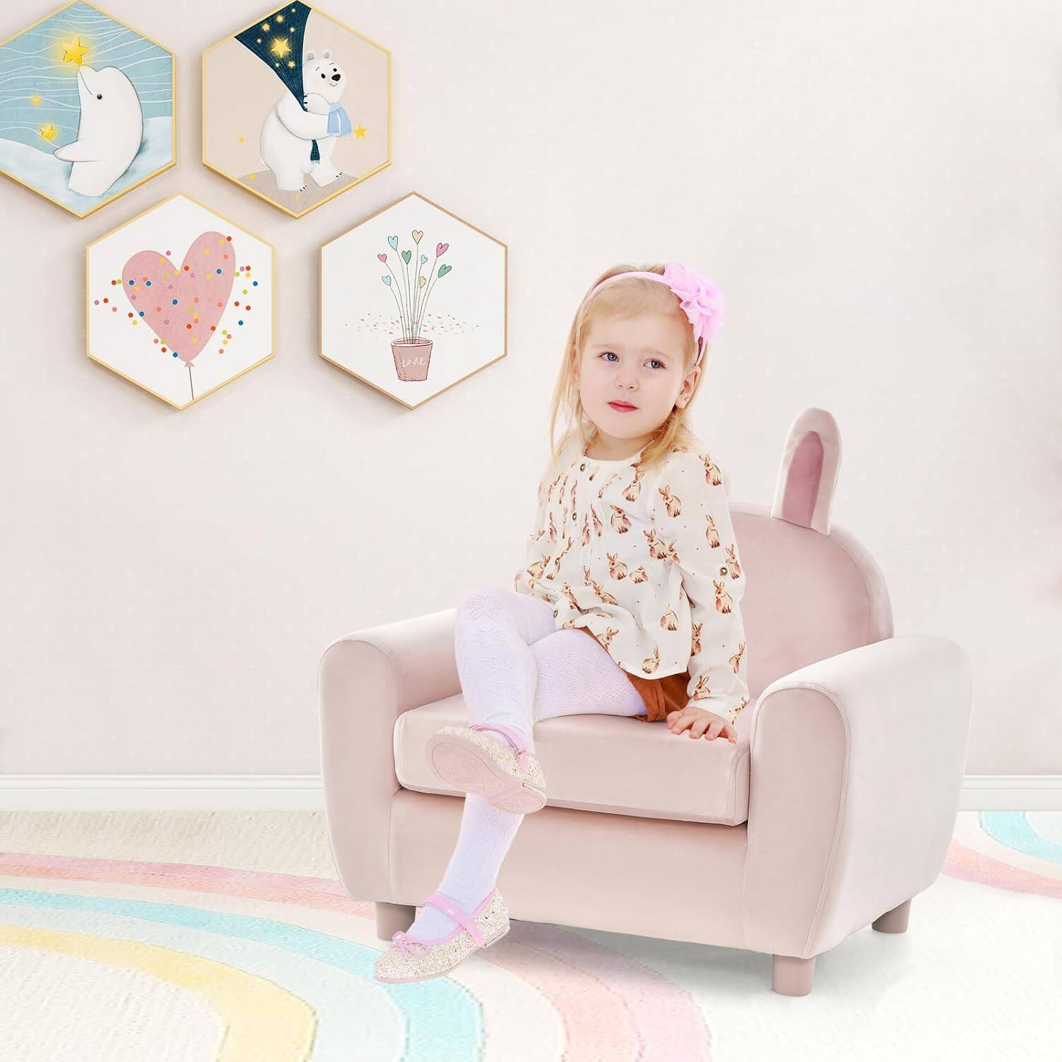 Alt View 1. Costway - Costway Kids Sofa Children Armrest Chair with Sturdy Wood Construction and Dutch Velvet  Rabbit - Pink.