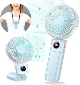 FINEAK - 5200mAh Blue Foldable Handheld Fan - 6 Speeds 22H Runtime LED Display