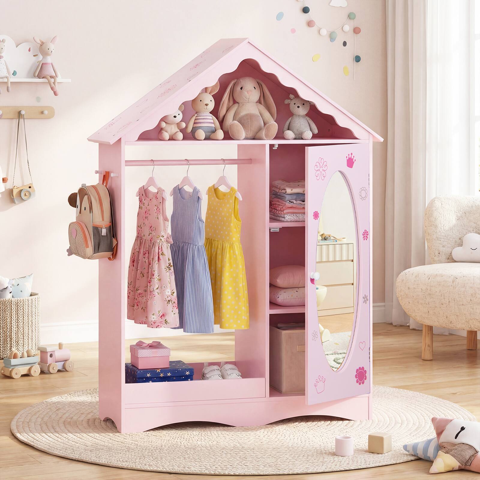 Alt View 3. Gymax - Gymax Kids Dress Up Storage w/ Mirror Roofed Wardrobe Closet w/ Open Hanging Rack Pink - Pink.