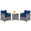 Front. Costway - 3PCS Patio Rattan Furniture Bistro Set Cushioned Sofas Side Table Armrest - Grey Rattan & Navy Cushion.