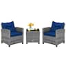 Costway - 3PCS Patio Rattan Furniture Bistro Set Cushioned Sofas Side Table Armrest - Grey Rattan & Navy Cushion