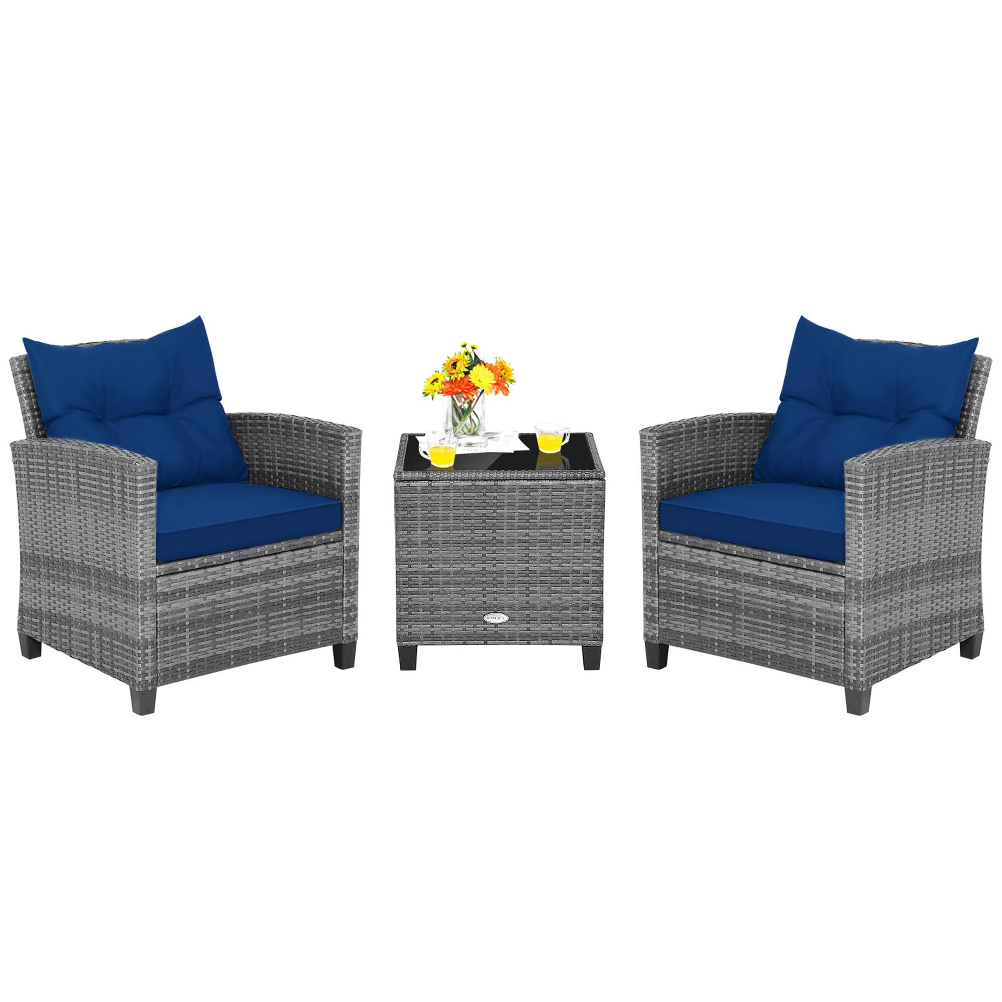 Front. Costway - 3PCS Patio Rattan Furniture Bistro Set Cushioned Sofas Side Table Armrest - Grey Rattan & Navy Cushion.