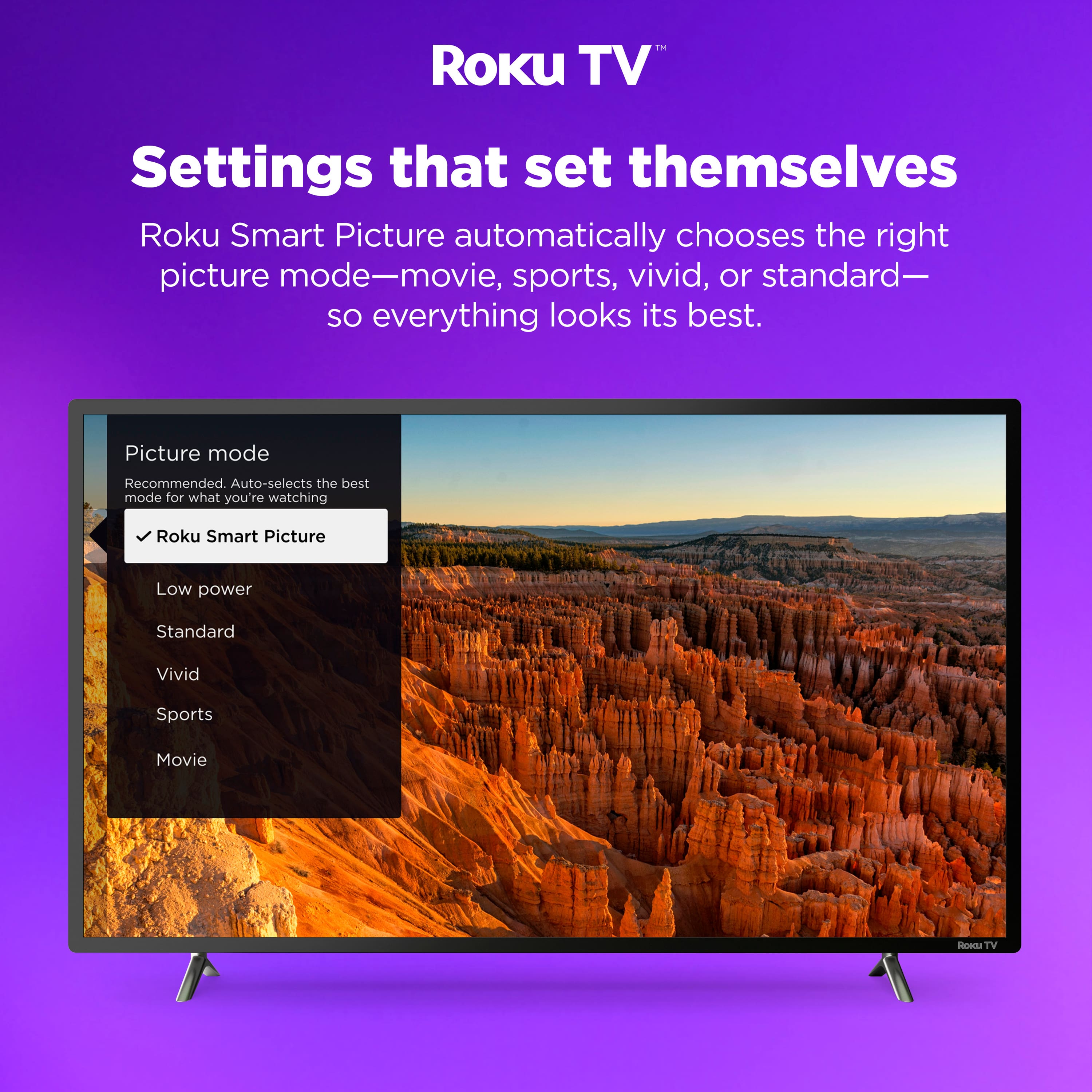 Roku TV™
Settings that set themselves
Roku Smart Picture automatically chooses the right picture mode—movie, sports, vivid, or standard—so everything looks its best.
Picture mode
Recommended. Auto-selects the best mode for what you're watching
- Roku Smart Picture
- Low power
- Standard
- Vivid
- Sports
- Movie