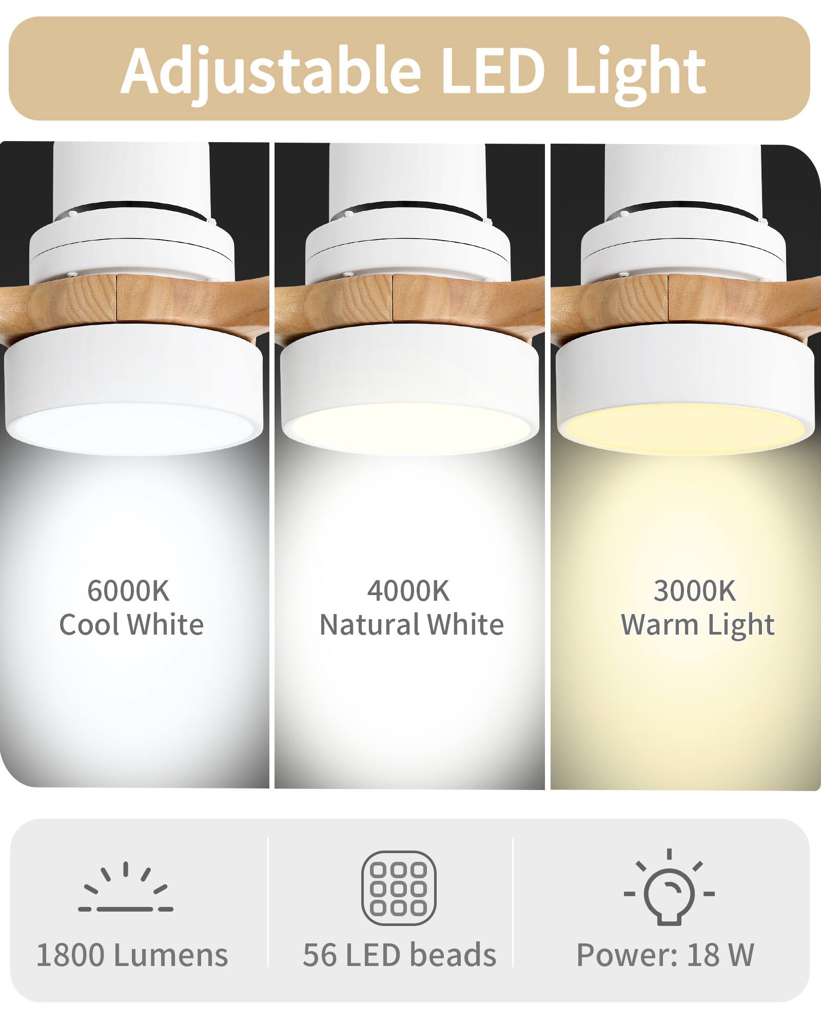 Adjustable LED Light

- 6000K Cool White
- 4000K Natural White
- 3000K Warm Light

- 1800 Lumens
- 56 LED beads
- Power: 18 W