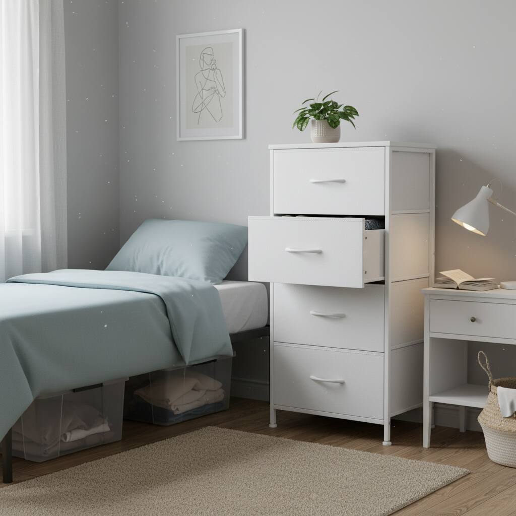 Angle. AOITUN - Modern 4 Drawer Fabric Dresser, Chest of Drawer Organizer Storage Cabinet for Bedroom Clothes Closet, Entryway,White - White.