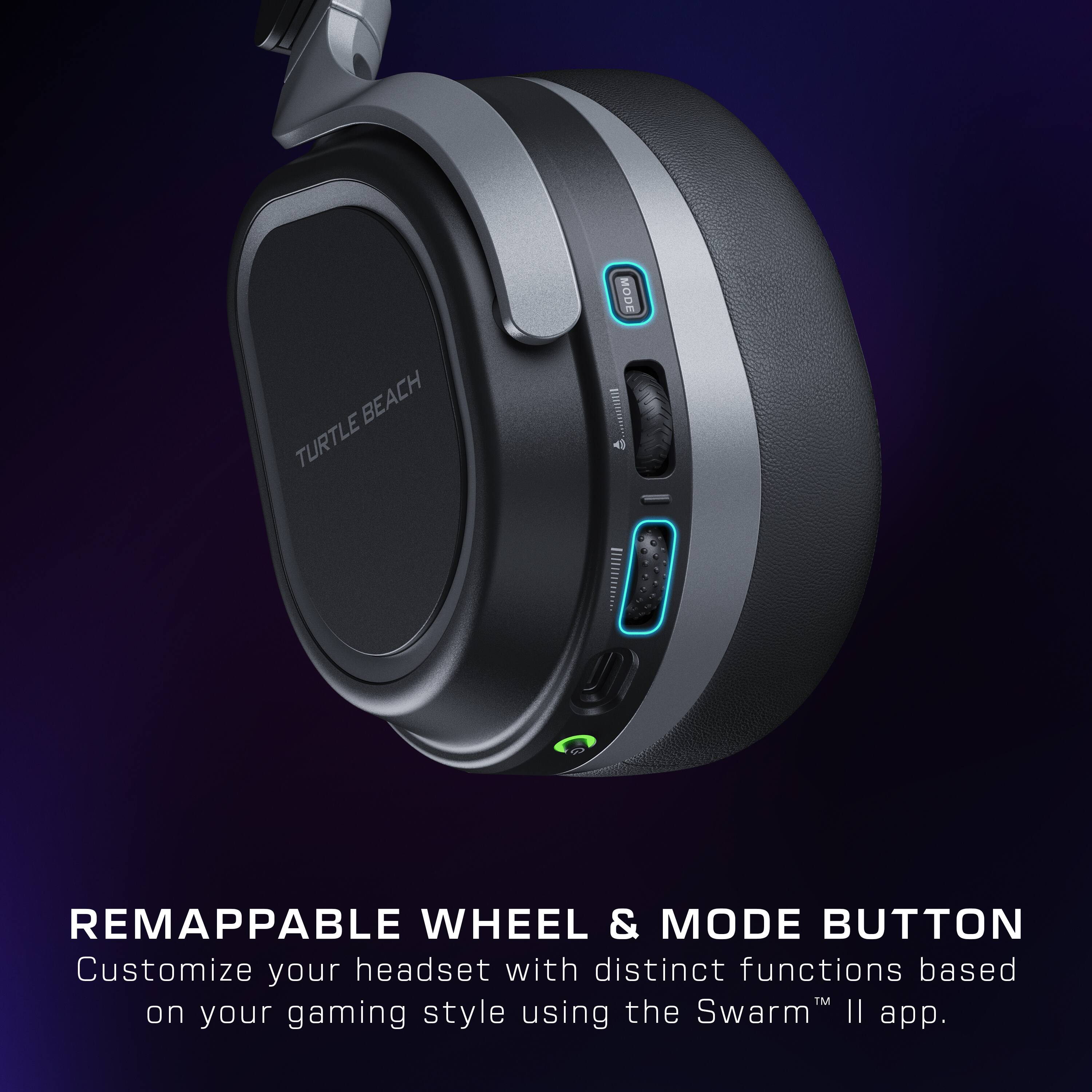 The image features a headset with a mode button and a remappable wheel. The headset is designed to provide customizable functions based on the user's gaming style, allowing them to personalize their experience. The Swarm II app is available for download, enabling users to further customize their headset and make the most of its features.