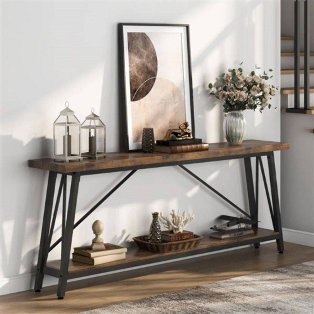 Angle. Hivvago - Sturdy 70-inch Industrial Brown Wood Top Console Table with Metal Frame - Black, Brown.