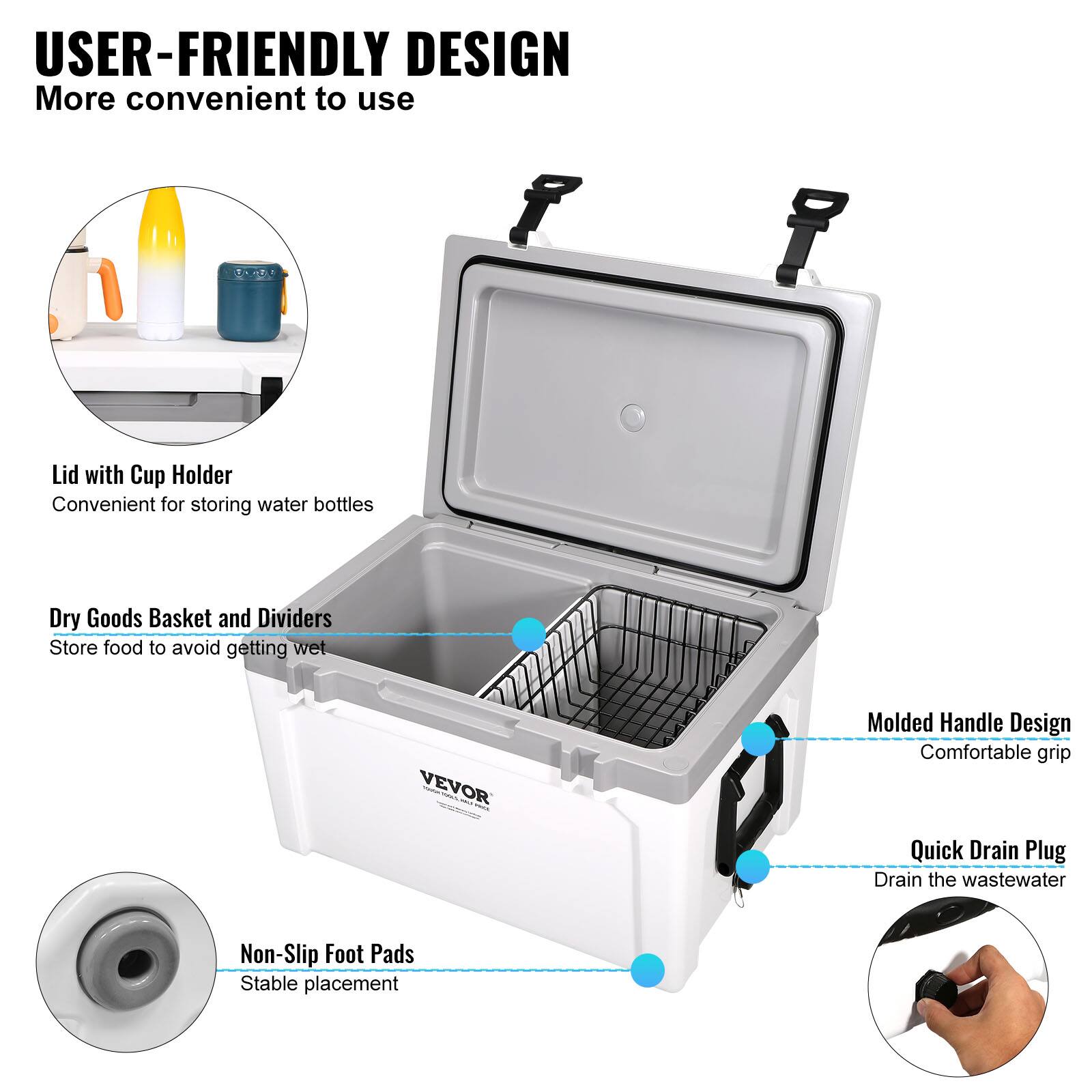 USER-FRIENDLY DESIGN  
More convenient to use

- Lid with Cup Holder  
  Convenient for storing water bottles

- Dry Goods Basket and Dividers  
  Store food to avoid getting wet

- Molded Handle Design  
  Comfortable grip

- Quick Drain Plug  
  Drain the wastewater

- Non-Slip Foot Pads  
  Stable placement