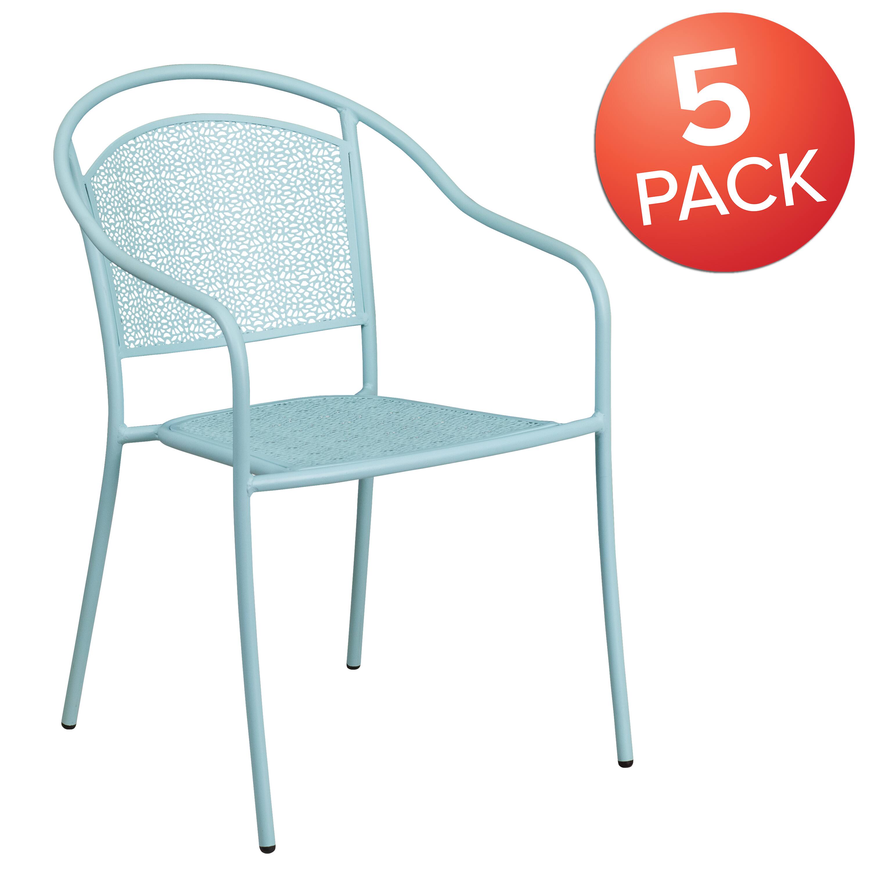 Alt View 1. Emma + Oliver - Commercial Grade 5 Pack Indoor-Outdoor Steel Patio Arm Chair with Round Back - Sky Blue.