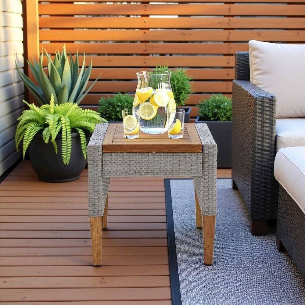 Alt View 1. Outdoor Escape - Gray Outdoor Wicker Side Table with Steel Frame for Patio Use - Gray.