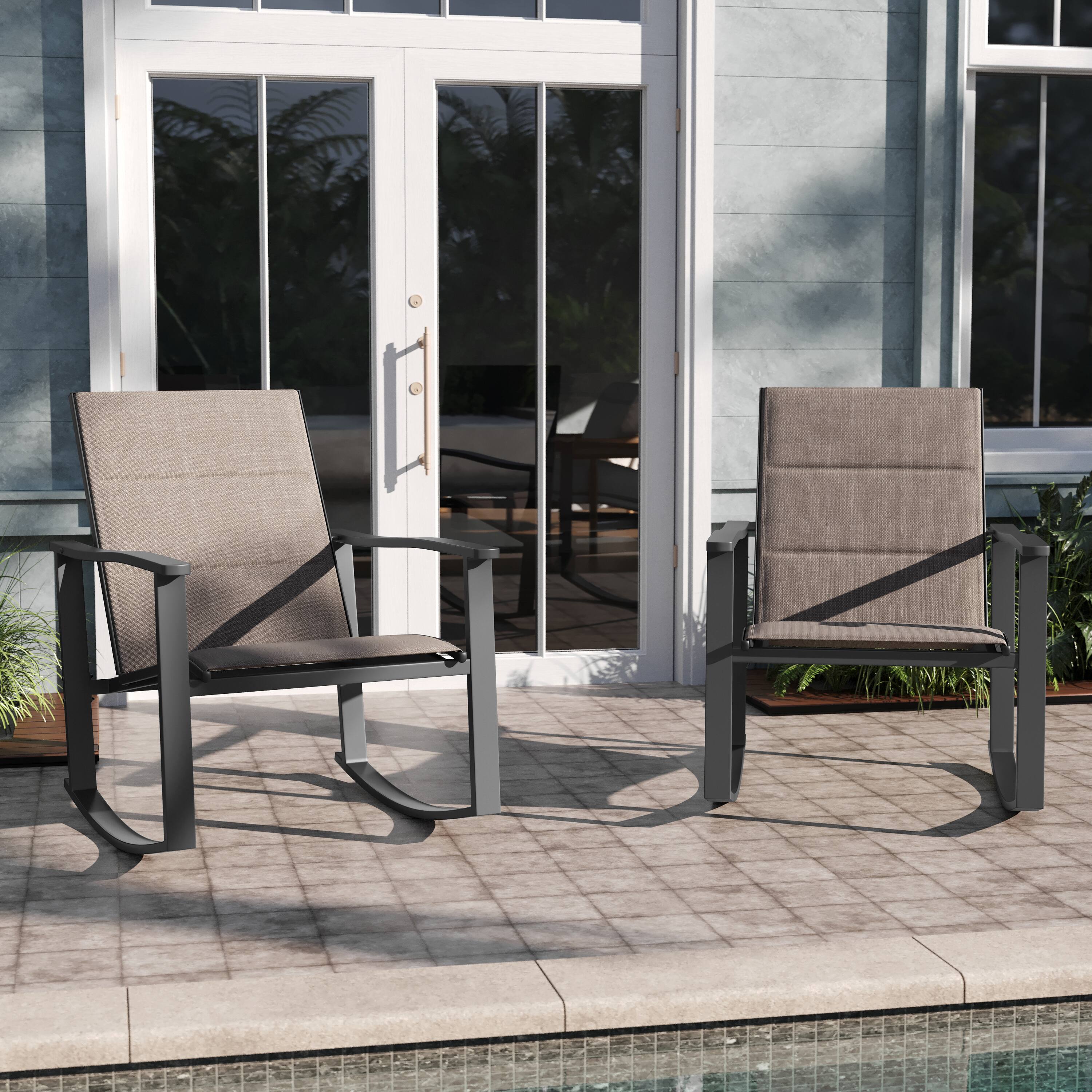 Alt View 2. Emma + Oliver - Braelin Set of 2 Outdoor Rocking Chairs with Flex Comfort Material and Metal Frame - Brown.