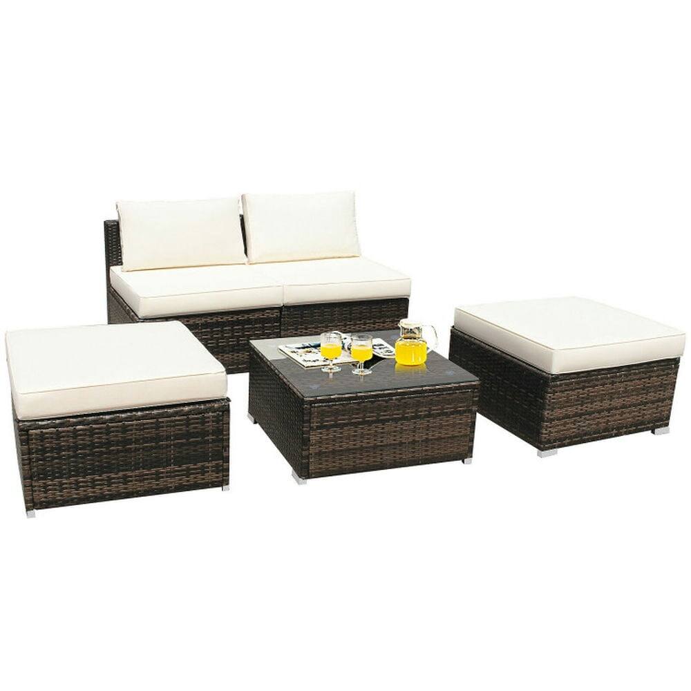 Alt View 4. Pefilos - 5 Pieces Patio Rattan Furniture Set with Cushioned Armless Sofa, Weather-Resistant PE Rattan Sofa Set with Detachable - White.