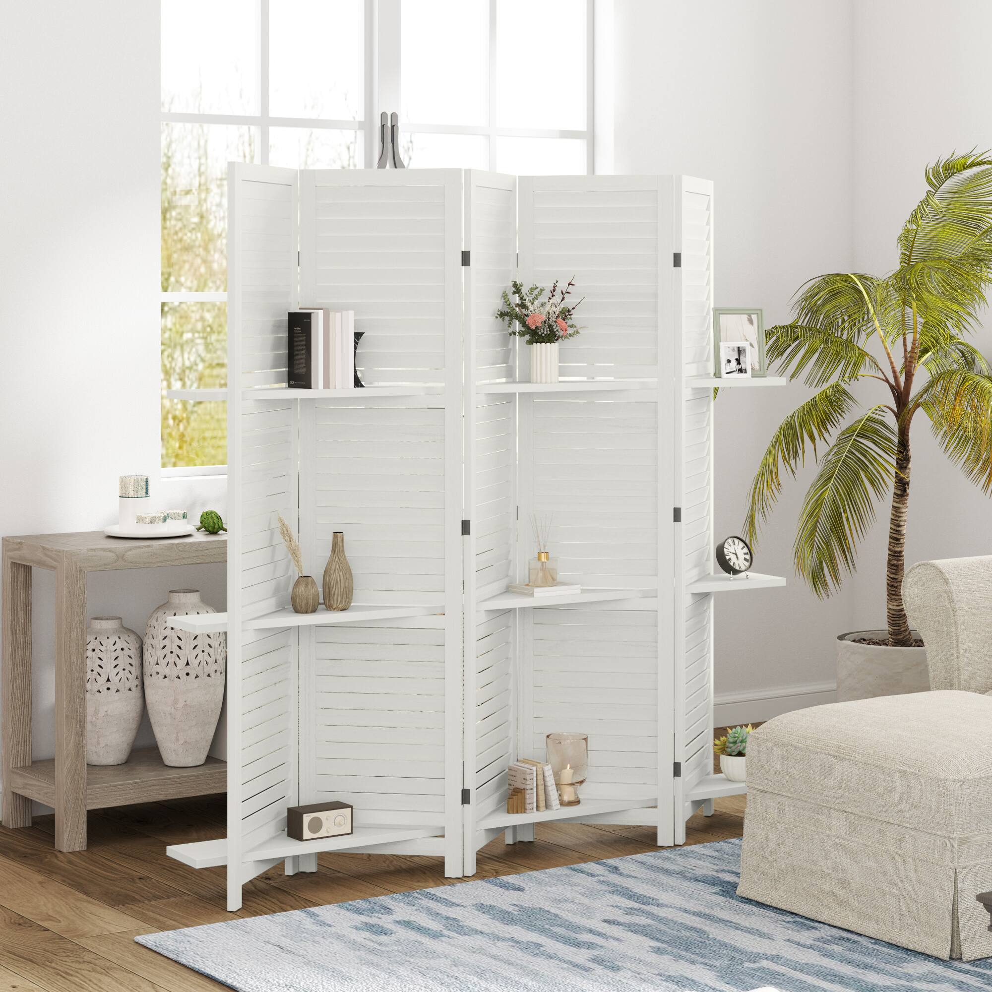 Alt View 1. Homcom - Room Divider, 5 Panel Wood Privacy Screen with Display Shelves and Folding Storage for Bedroom or Home Office - White.