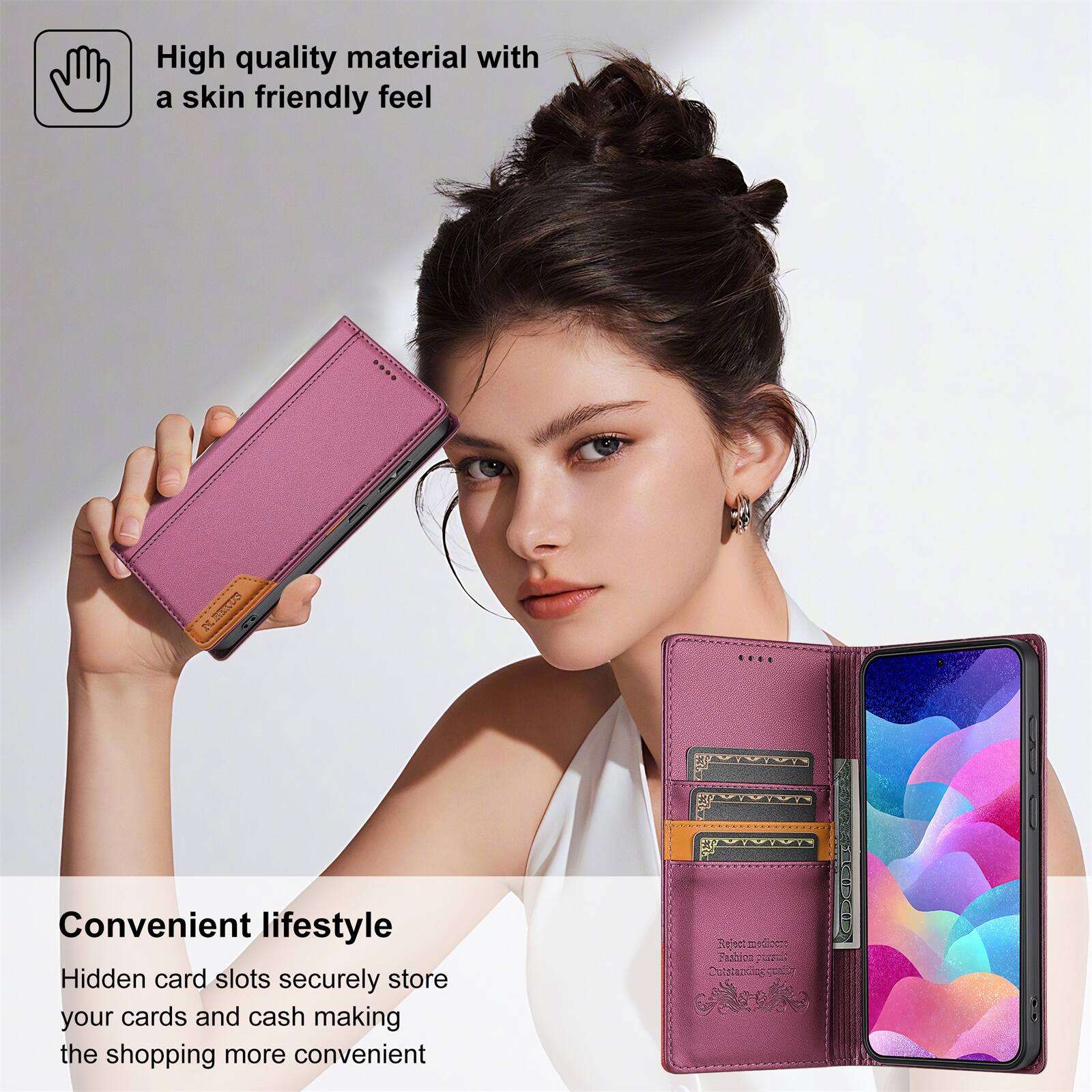 High quality material with a skin friendly feel

Convenient lifestyle

Hidden card slots securely store your cards and cash making the shopping more convenient