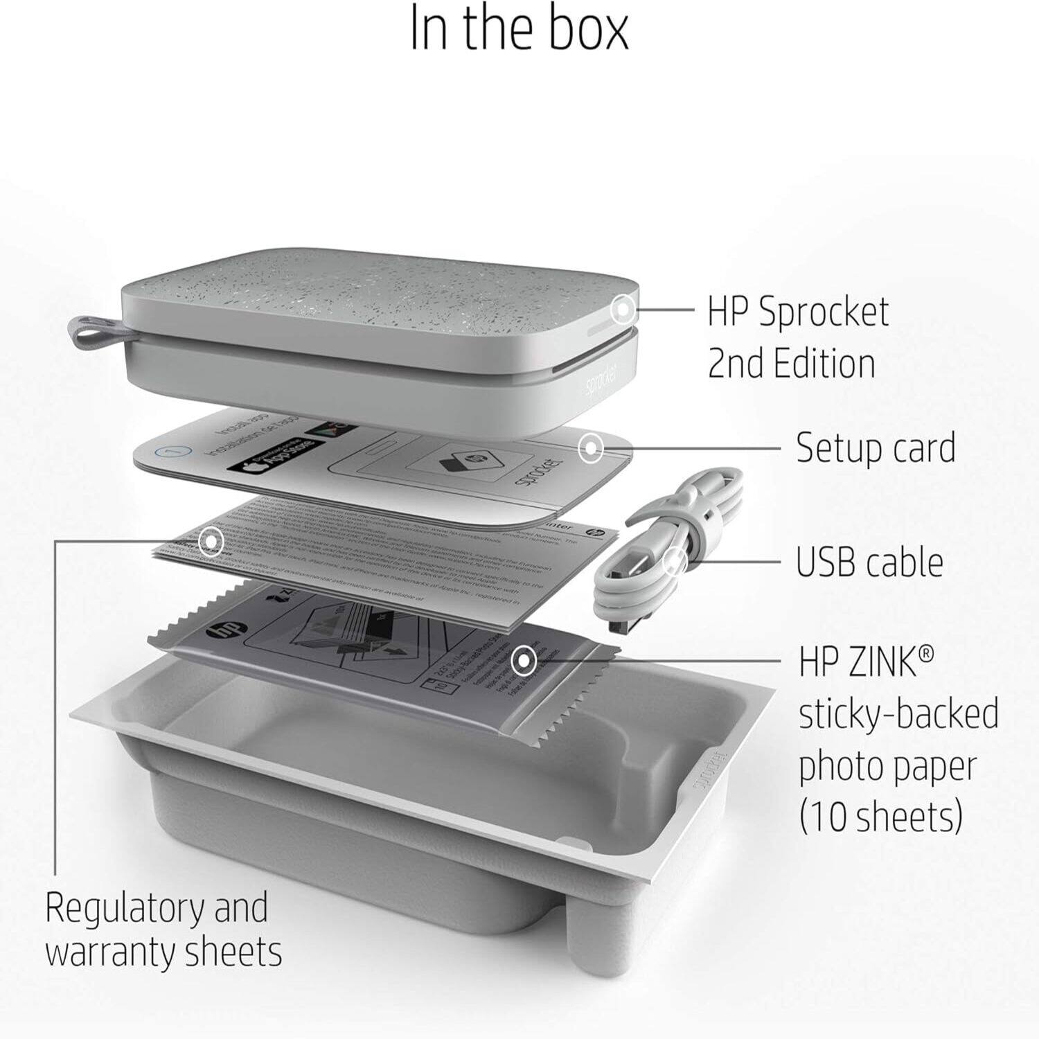 In the box HP Sprocket 2nd Edition Setup card USB cable HP ZINK sticky-backed photo paper (10 sheets) Regulatory and warranty sheets