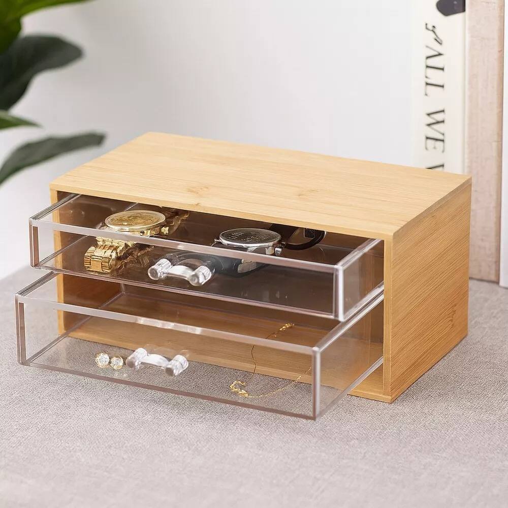 Angle. Elle - 2‑Tier Bamboo Cosmetic Organizer with Clear Acrylic Drawers, Lightweight Storage Box for Makeup, Skincare & Jewelry - Clear/Natural Bamboo.