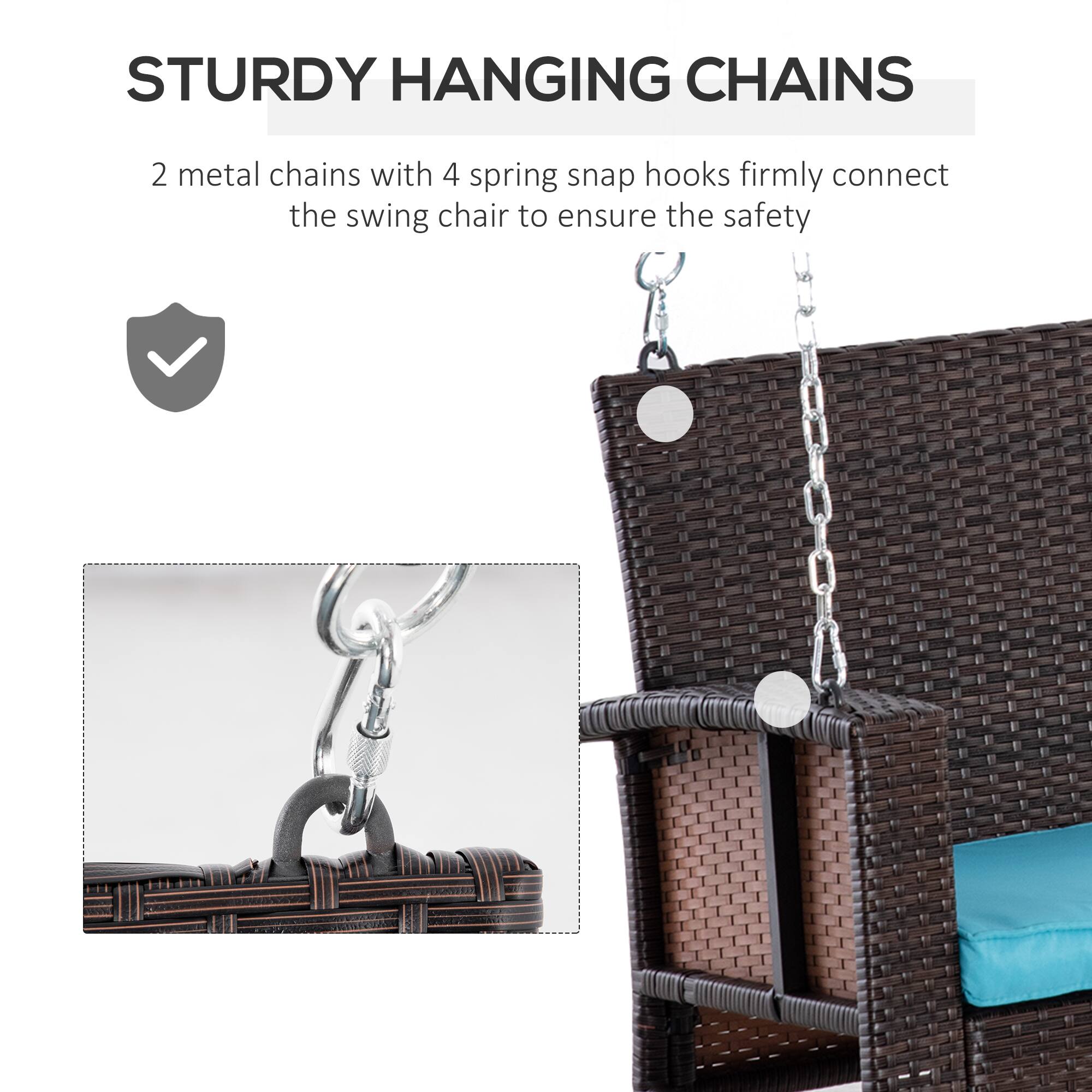 STURDY HANGING CHAINS

2 metal chains with 4 spring snap hooks firmly connect the swing chair to ensure the safety