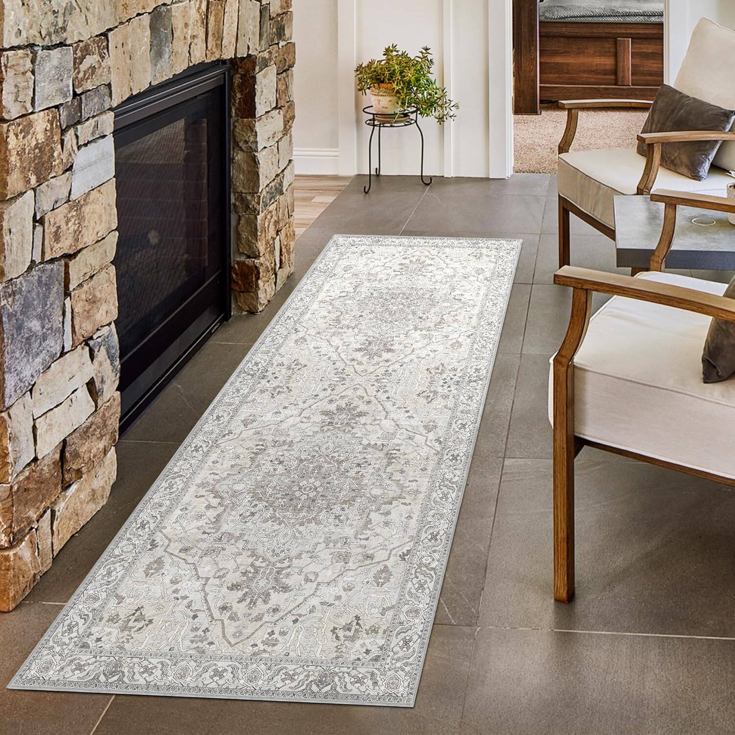 Angle. KERDOM - Runner Rug 3x8 ft Washable Vintage Area Rugs for Hallway Bohemian Non-Slip Low-Pile Floor Carpet for Kitchen Bathroom - Beige.