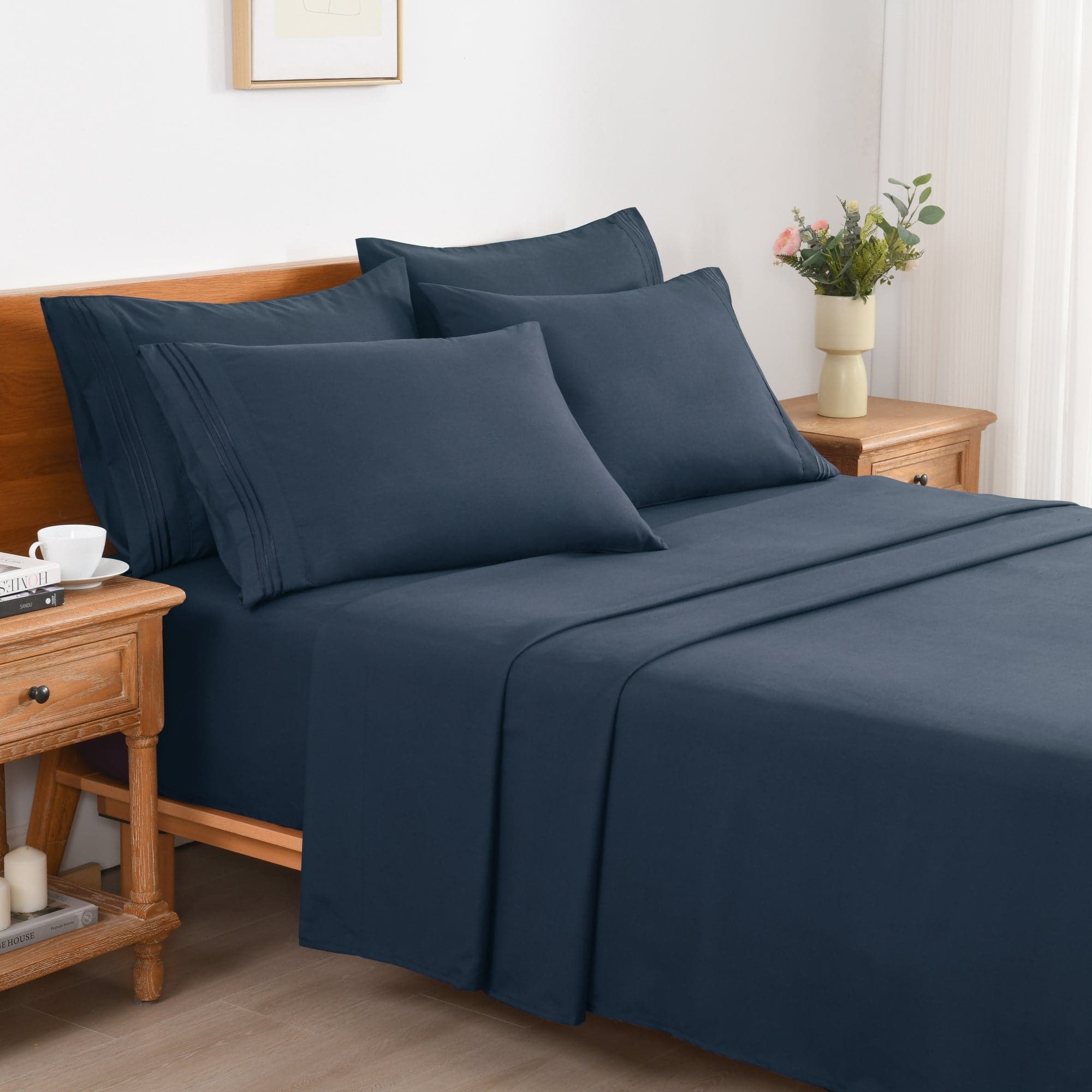 MarCielo - 4/6 Pcs Soft Solid & Embroidery Bed Sheets Set - Navy Blue