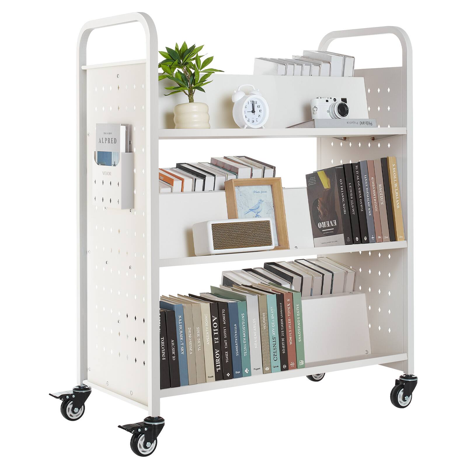 VEVOR - Rolling Library Book Cart,330lbs Capacity, 38.2x20.3x48.2-in Library Cart,Double Sided W-Shaped with 3in Lockable Wheels - White