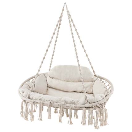 Front. Costway - Costway Swing Chair Hand-Woven Rope Hanging Chair with Thick Cushion & Folding Metal Frame - Beige.
