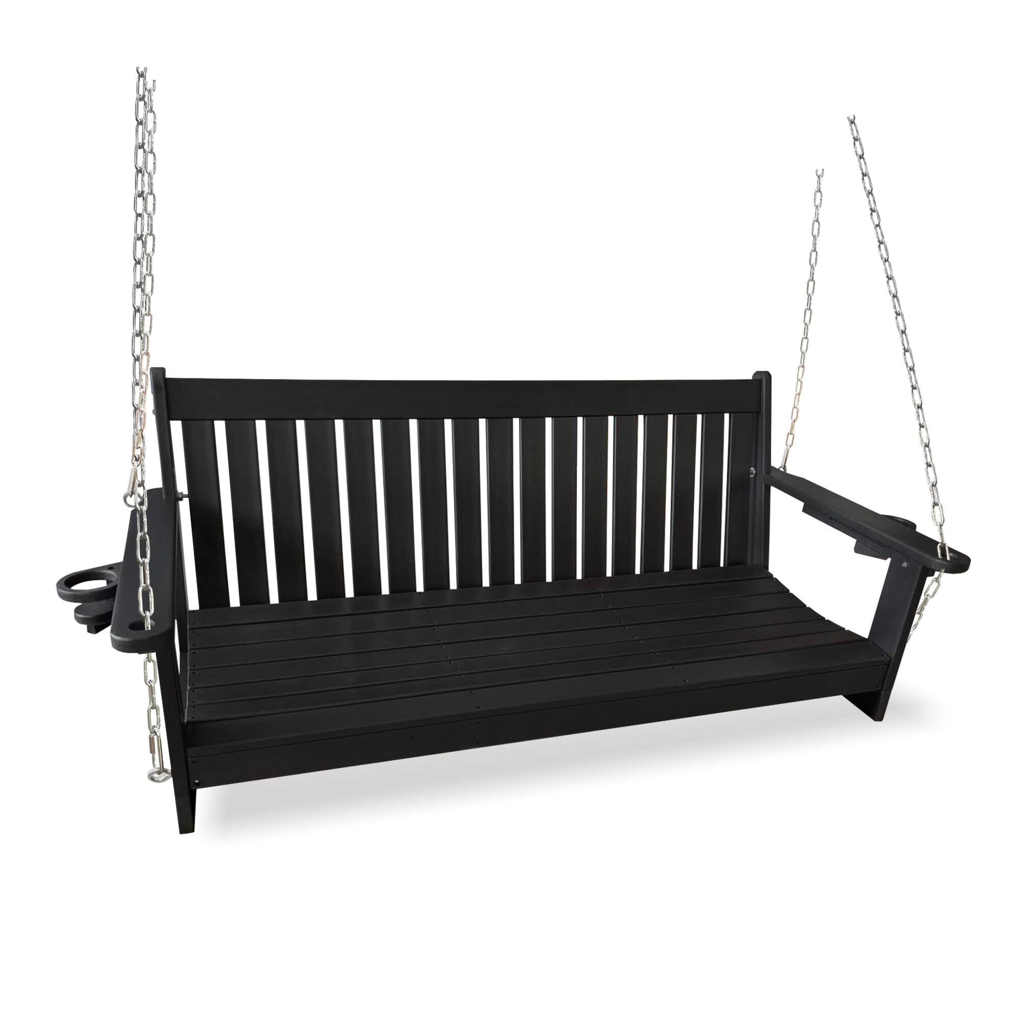 Alt View 2. Fortune Candy - HDPE 5 ft Porch Swing Bench with Cupholders, High Backrest and Deep Contoured Seat for Outdoor Patio Garden (3-Seater) - Black.