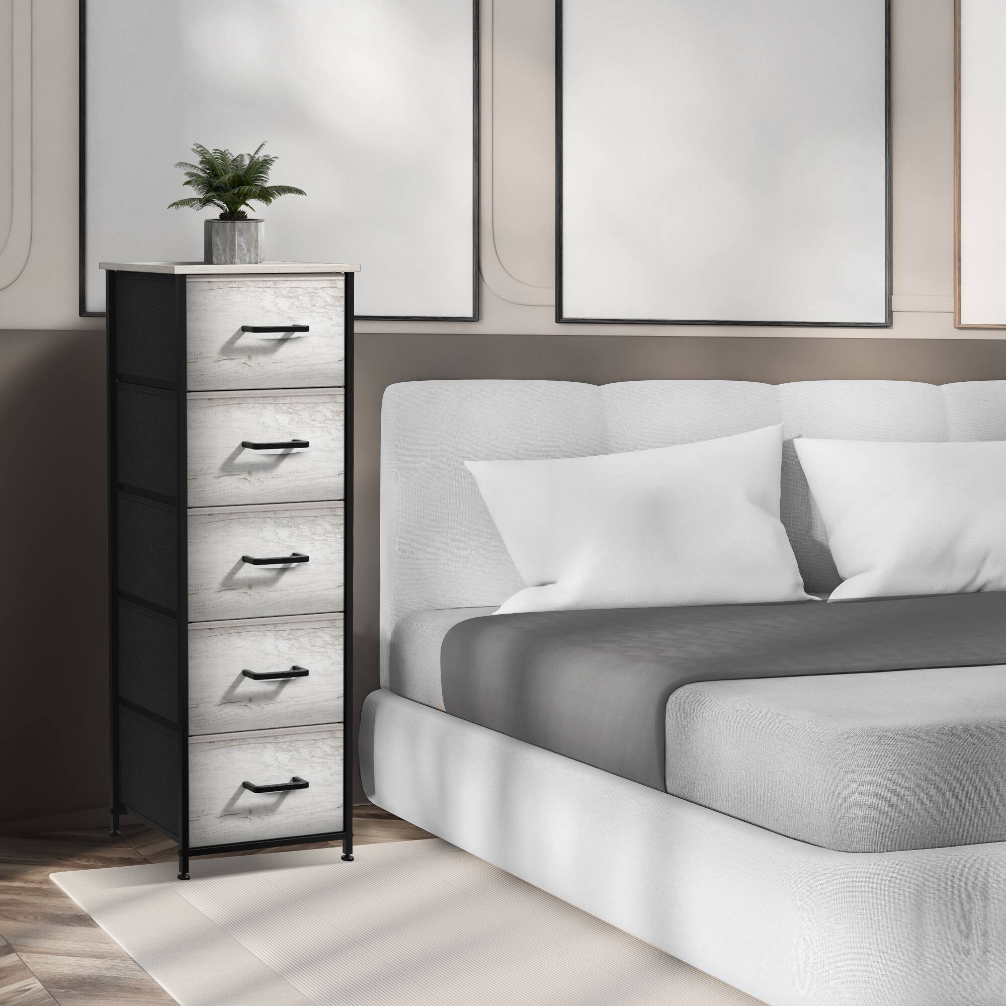 Alt View 5. Sorbus - Sorbus Narrow 5 Drawers Nightstand with Steel Frame, Wood Top, Easy Pull Fabric Bins for Home, Bedroom, Office & Dorm - Rustic beige.