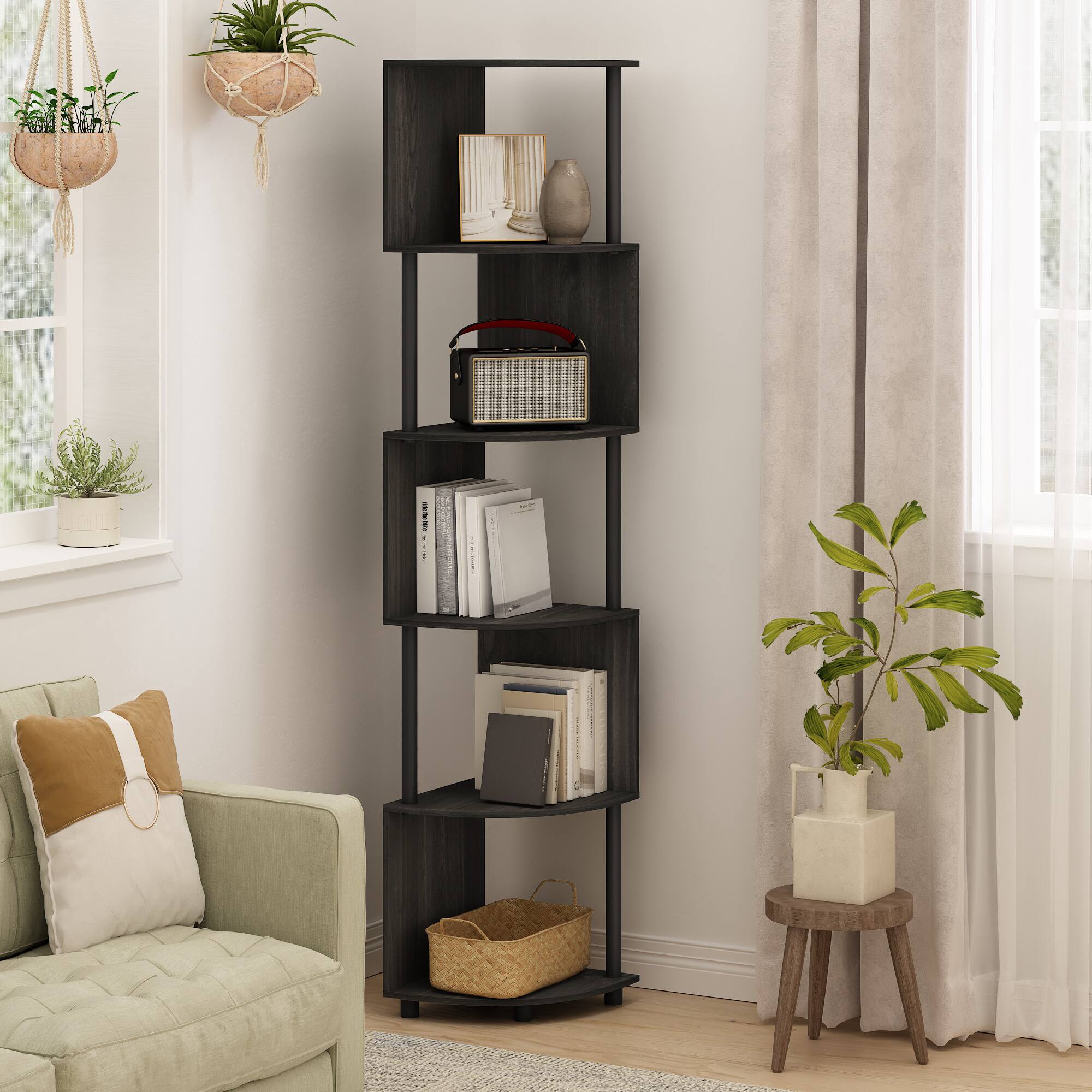 Furinno Econ 5 Tier Zigzag Corner Shelf Bookcase, Bookshelf