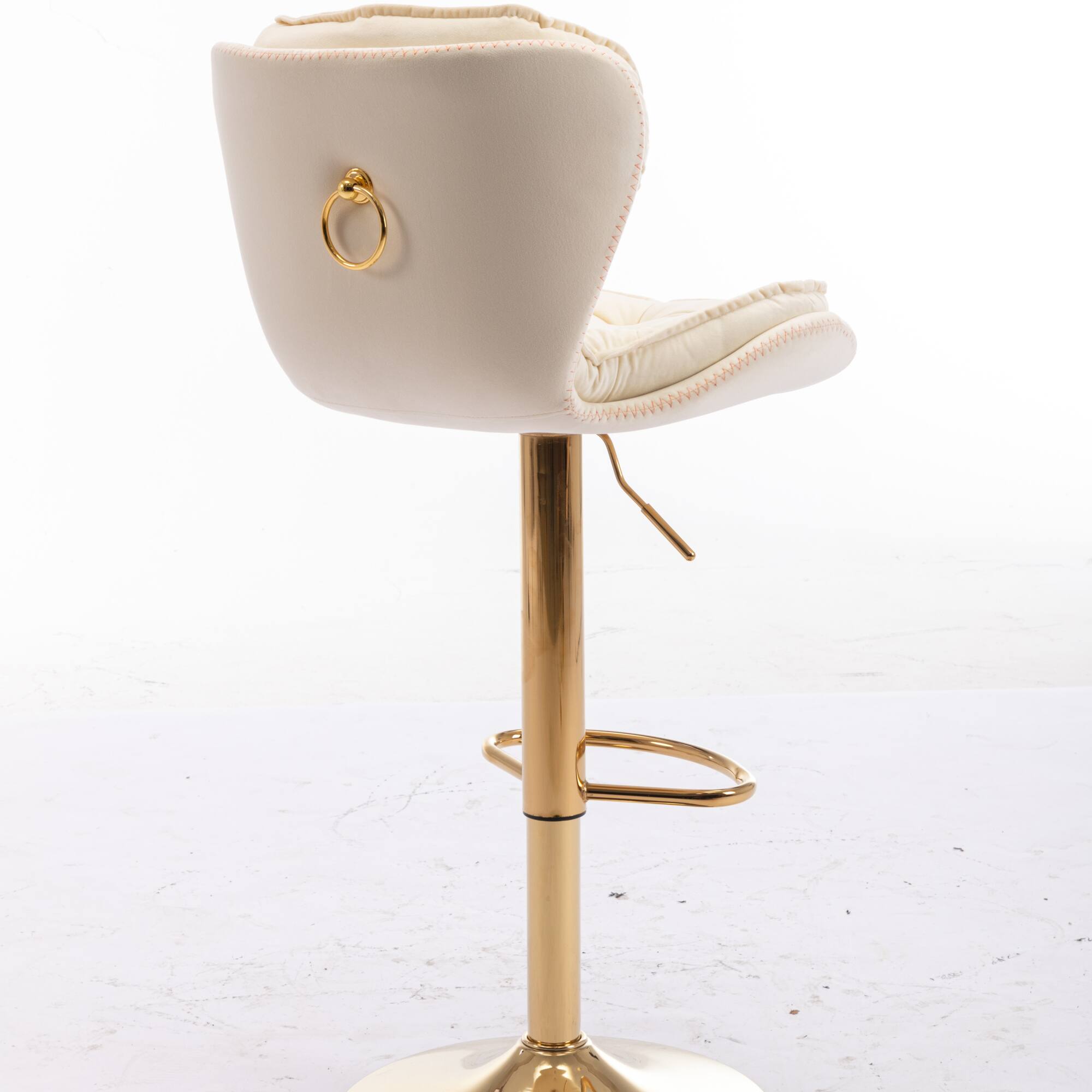 Back. GOODSILO - Set of 2 Adjustable Swivel Bar Stools with Chrome Footrest and Velvet Upholstery - Cream.