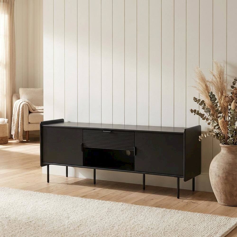 Alt View 2. Starlight Canyon Home - Black modern TV stand with storage drawers and cabinet doors - Blue.