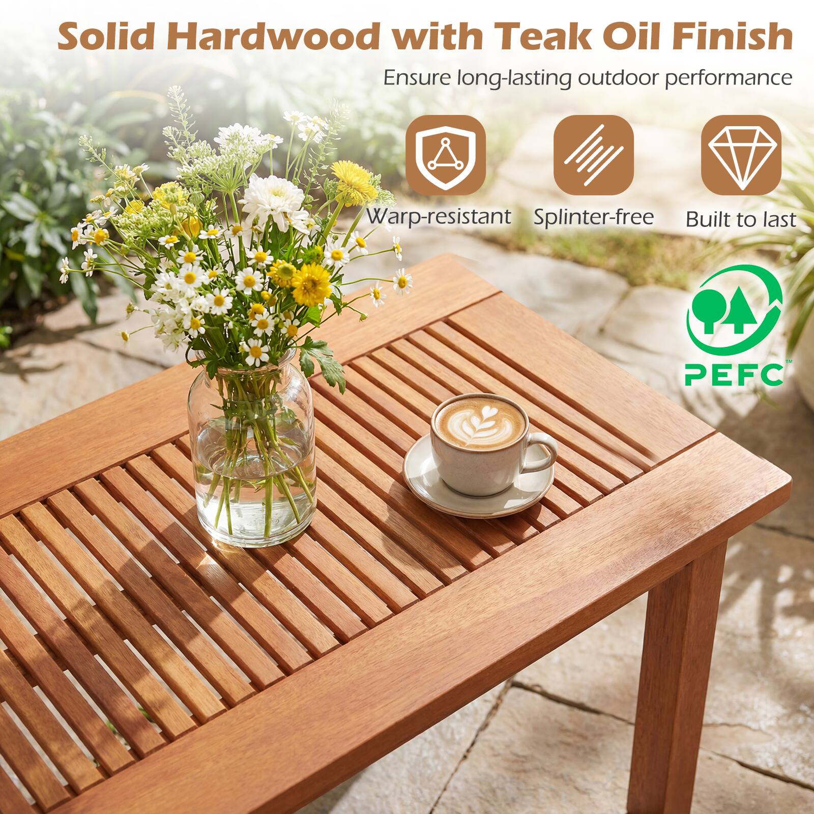 Solid Hardwood with Teak Oil Finish  
Ensure long-lasting outdoor performance  
Warp-resistant  
Splinter-free  
Built to last  
PEFC