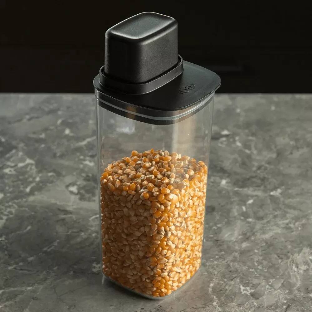 Angle. OU - Airtight Food Storage Container 2‑Pack, 6 Cup BPA‑Free Plastic Pantry Organizer w/ Measuring Lids - Black.