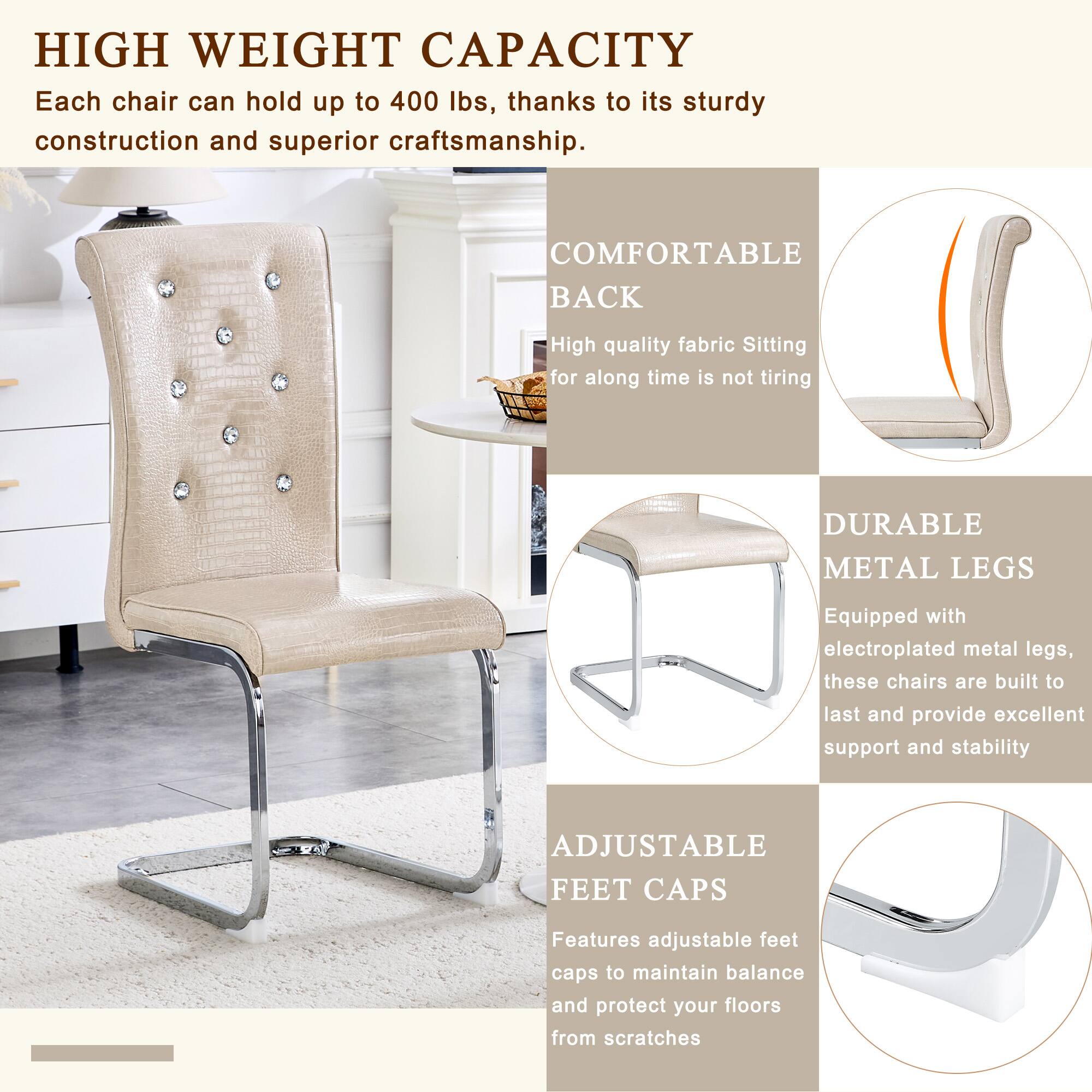HIGH WEIGHT CAPACITY  
Each chair can hold up to 400 lbs, thanks to its sturdy construction and superior craftsmanship.

COMFORTABLE BACK  
High quality fabric. Sitting for a long time is not tiring.

DURABLE METAL LEGS  
Equipped with electroplated metal legs, these chairs are built to last and provide excellent support and stability.

ADJUSTABLE FEET CAPS  
Features adjustable feet caps to maintain balance and protect your floors from scratches.