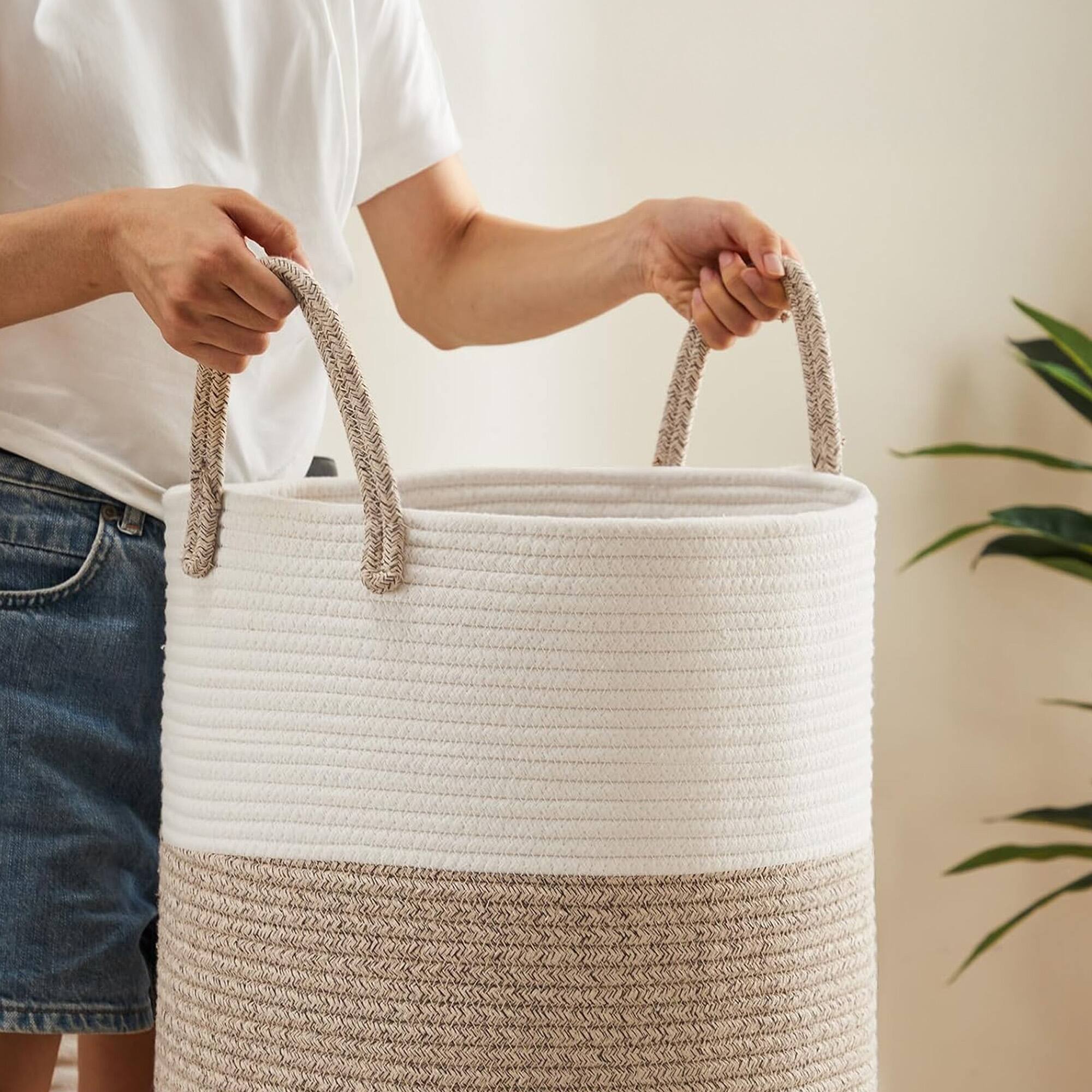 Back. Cheer Collection - Woven Cotton Rope Laundry Hamper – Large 16 x 16 x 22 in Storage Basket with Reinforced Handles - 2 Tone Tan - 2-Tone Tan.